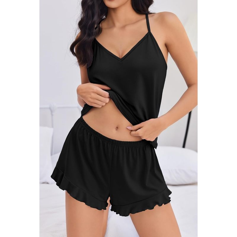 Women's Cami Pajama Sets V Neck PJs Soft Lingerie Top and Shorts