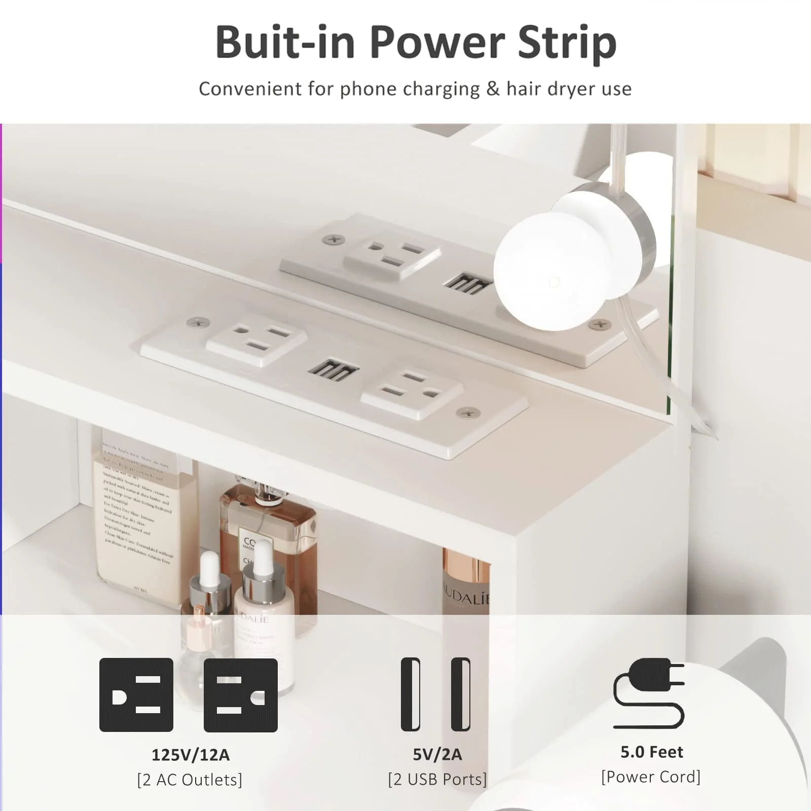 Veanerwood 31.5in Makeup Vanity Table with Lighted Mirror & Power Strip, Vanity Desk Set with Hair Dryer Holder, 3 Lighting Colors, White Finish