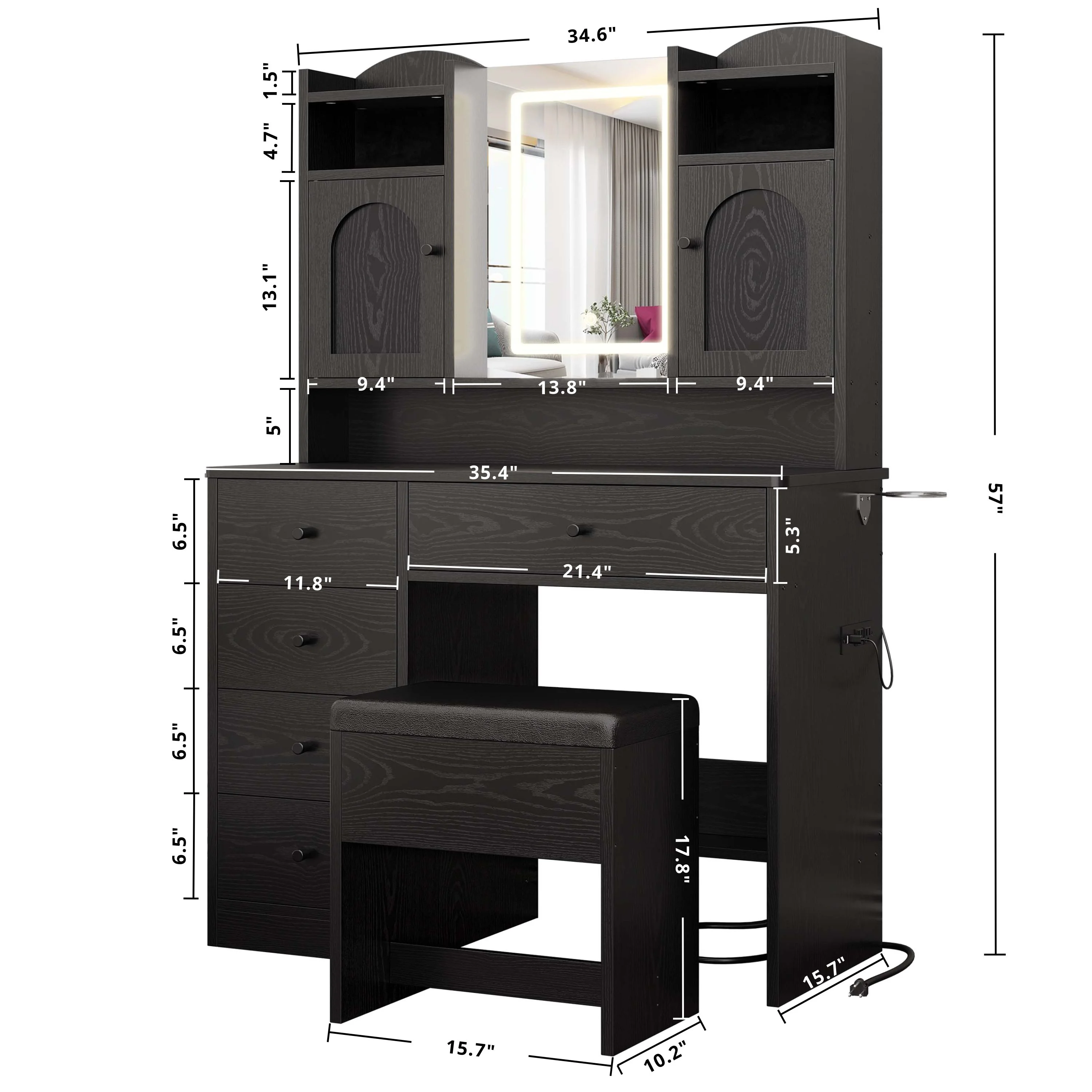 IRONCK White Vanity Set with Mirror and Lights, Makeup Vanity Desk with 5 Drawers & 2 Cabinets & Charging Station