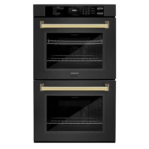 ZLINE 30 in. Autograph Edition Professional Convection Double Wall Oven with Air Fry and Self Clean in Black Stainless Steel with Polished Gold Handles (WADBZ-30-G)