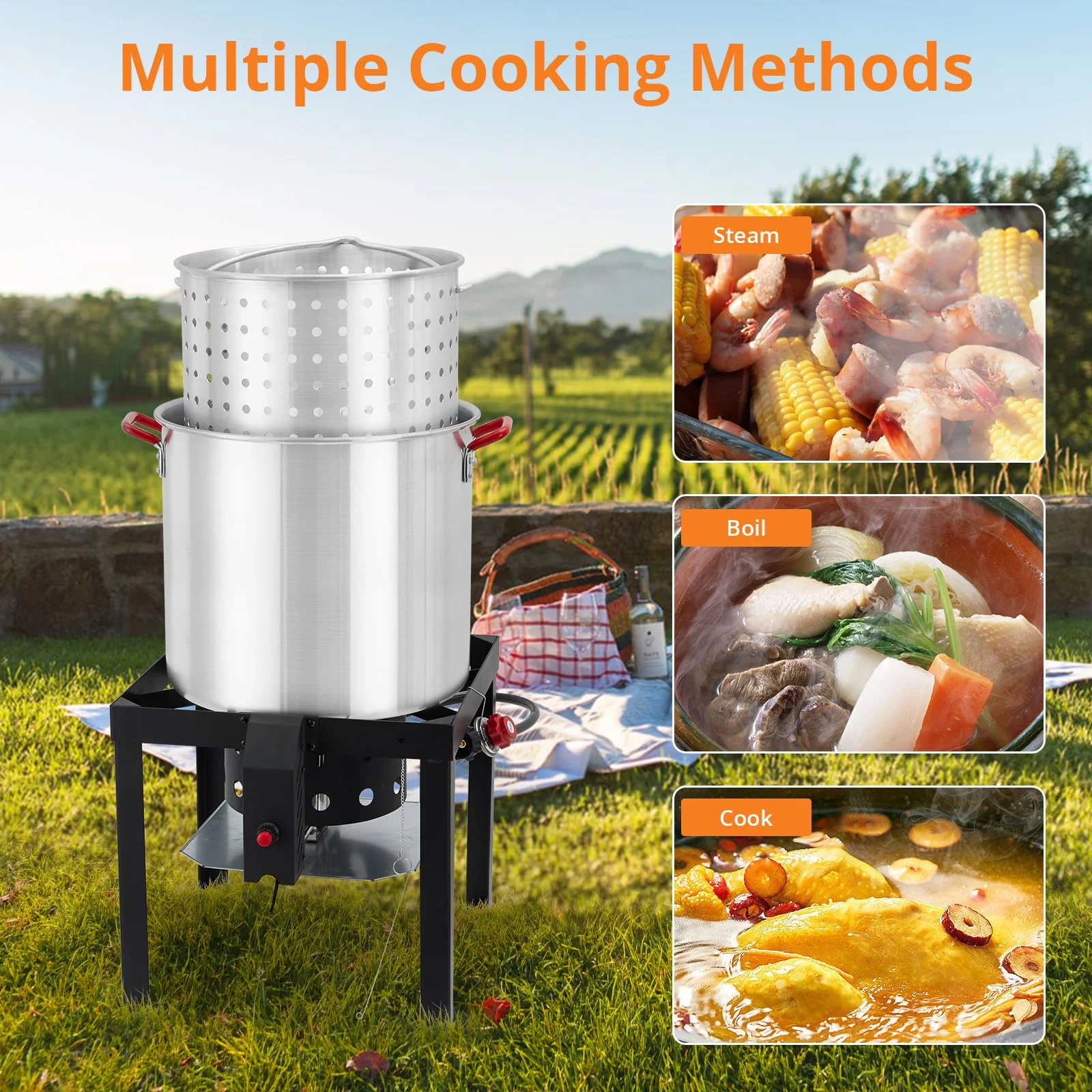Turkey Deep Fryer Pot, 100 Qt  Aluminum Seafood Boil Pot w/Strainer & Burner Set Crafish Boiler, 110000 BTU Propane Stove Burner