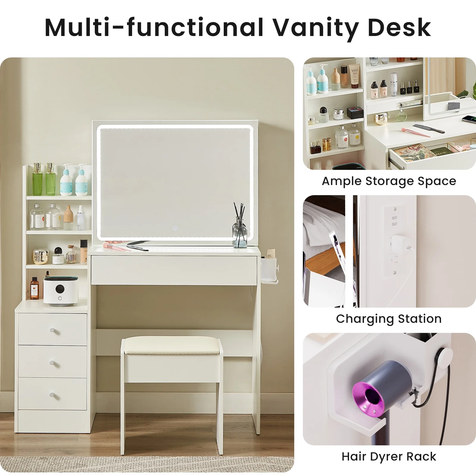 Alvantor Makeup Vanity Desk with Mirror & Lights, Dressing Table with Power Outlet and Hairdryer Shelving Vanity Set with Upholstered Stool White