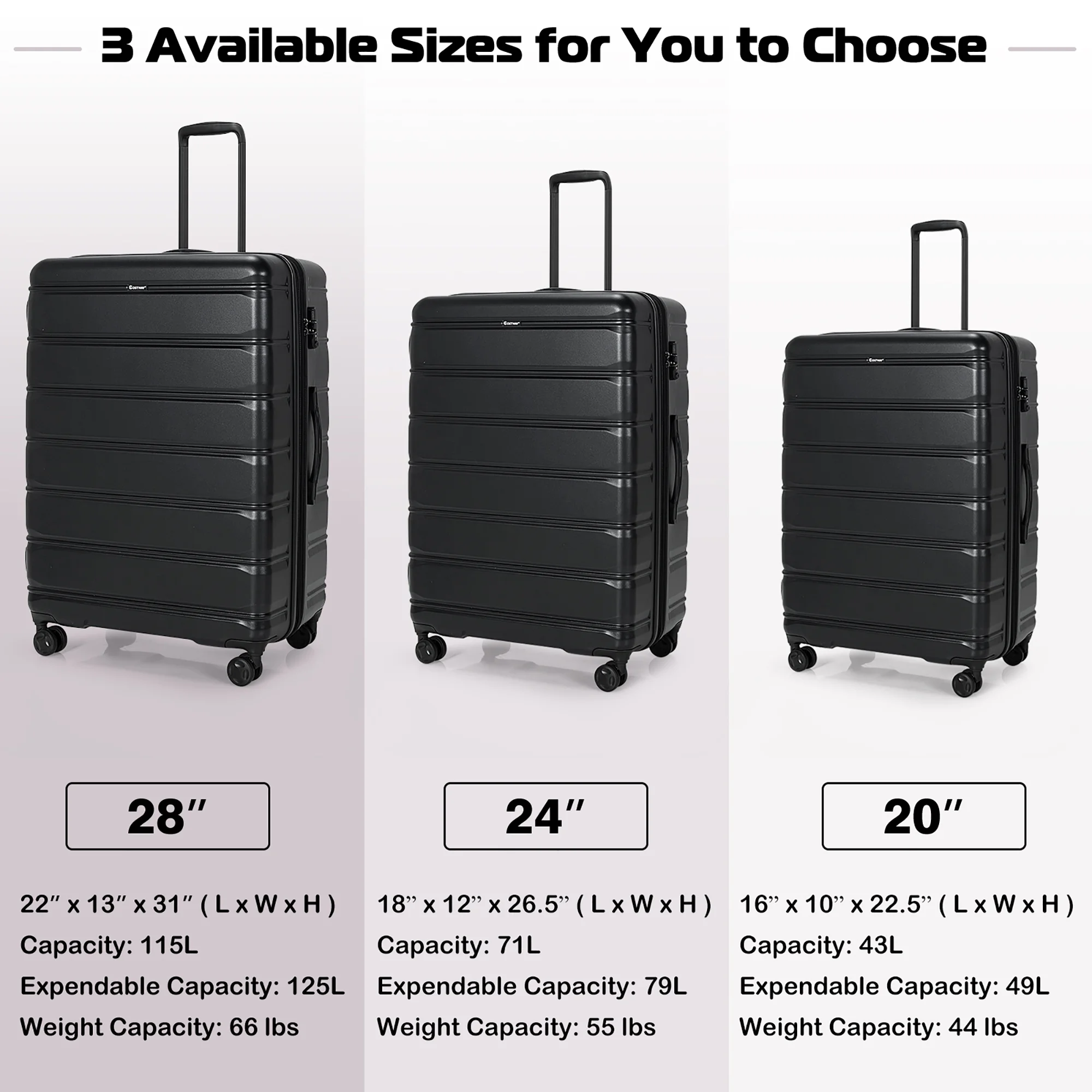 Costway 3 Piece Hardshell Luggage Set Ex pandable Suitcase w/ TSA Lock & Spinner Wheels