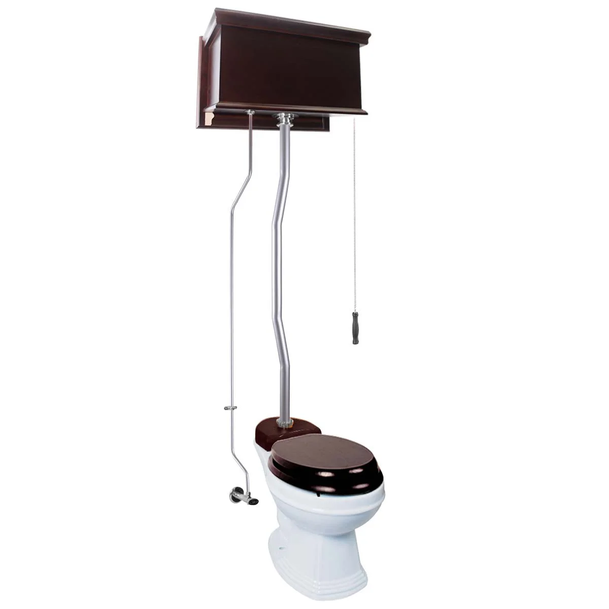 High Tank Pull Chain Toilet Wooden Tank Elongated White Bowl 1.6 GPF 59