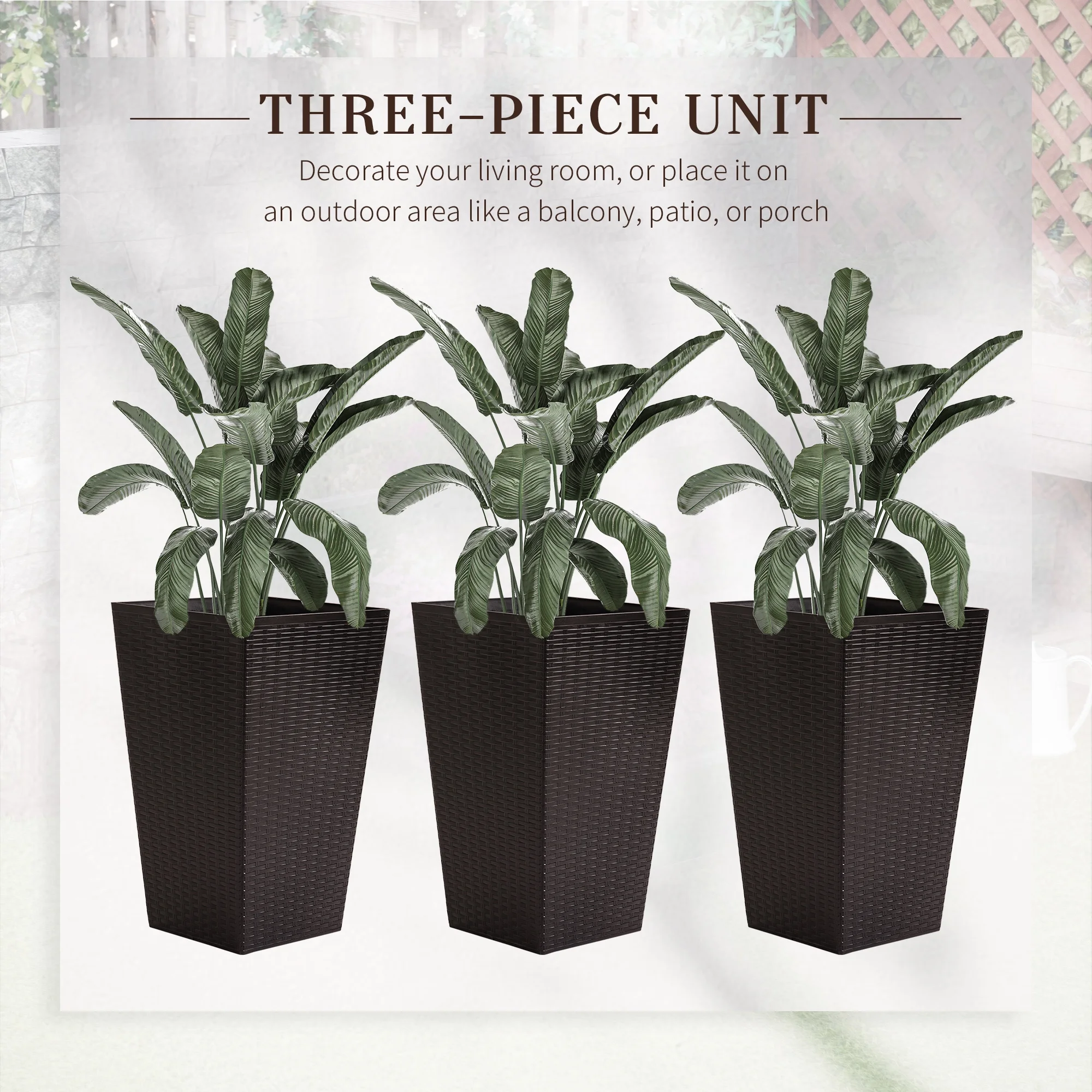 Outsunny Set of 3 Tall Planters with Drainage Hole, Outdoor Flower Plant Pots, Indoor Planters for Porch, Front Door, Entryway, Patio and Deck, Black