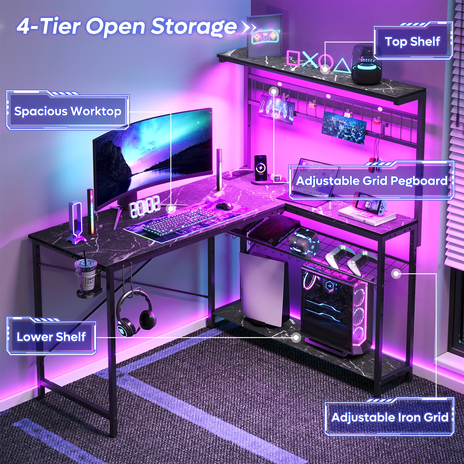 Bestier 51 L Shaped Gaming Desk with Power Outlets & LED Light, Computer Desk with 4 Tiers Shelves for Home Office, Reversible Gamer Table with Hooks and Cup Holder, Carbon Fiber