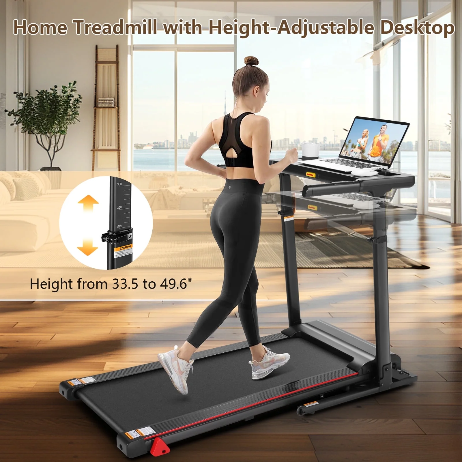 Simpfree Treadmill with Height-Adjustable Desk, 300LBS Folding Treadmill with Incline\App\Bluetooth Speakers\LED Monitor\64 Programs for Home, 0.6-7.5MPH/h