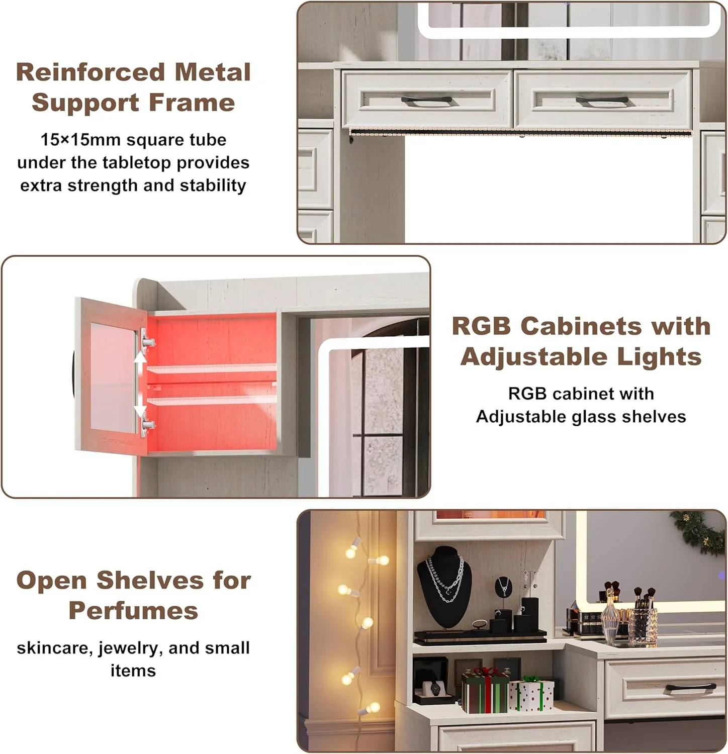 ChVans 62'' Large Vanity Desk with Tempered Glass Top & Charging Station, Farmhouse Makeup Vanity with 8 Storage Drawers & 2 LED Glass Storage Cabinets & 3 Lights Mode LED Mirror for Women Gift