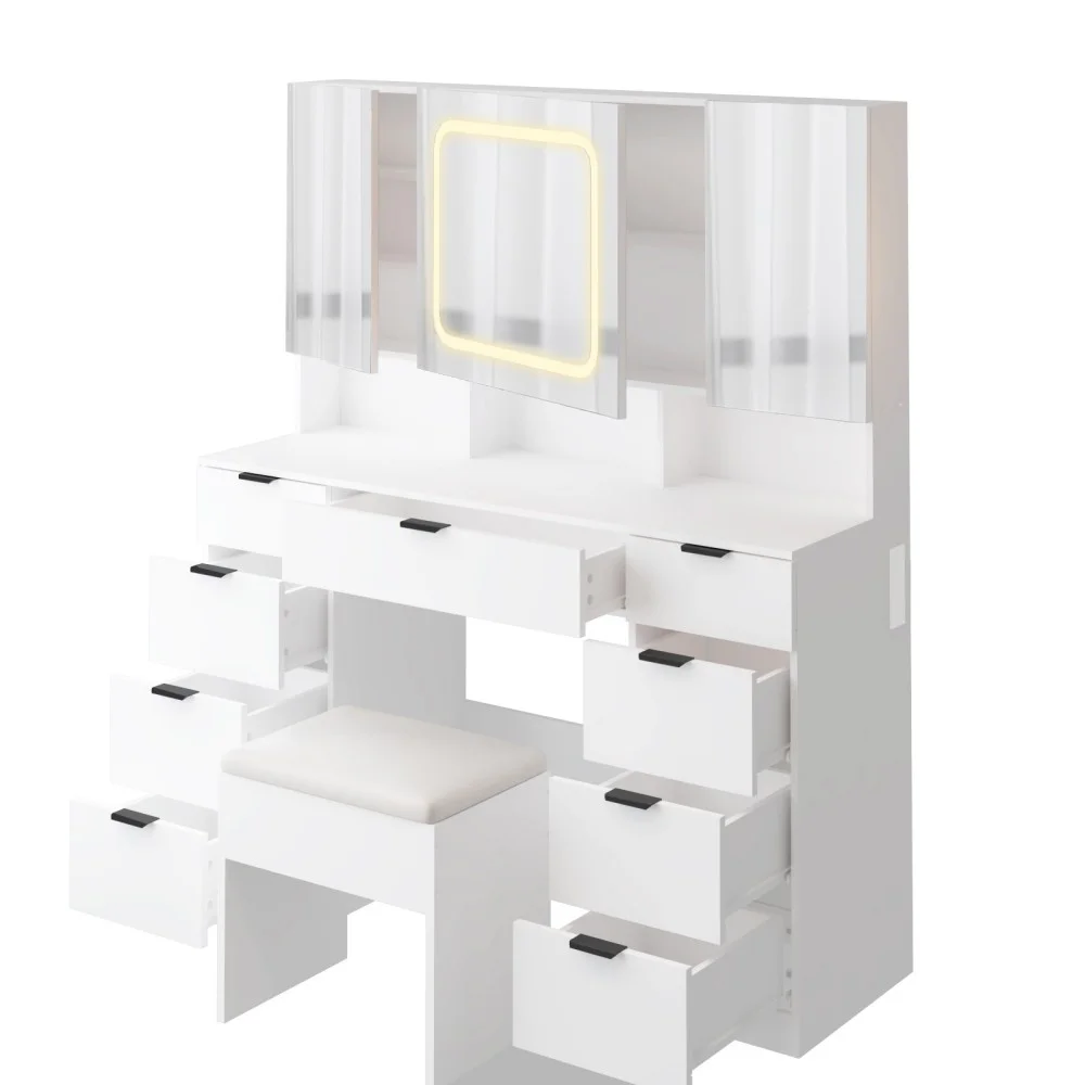 IVV Vanity Desk Set with Large LED Lighted Mirror & Power Outlet, Makeup Dressing Table with 9 Drawers and 3 Cabinets in Mirrored Doors, 47