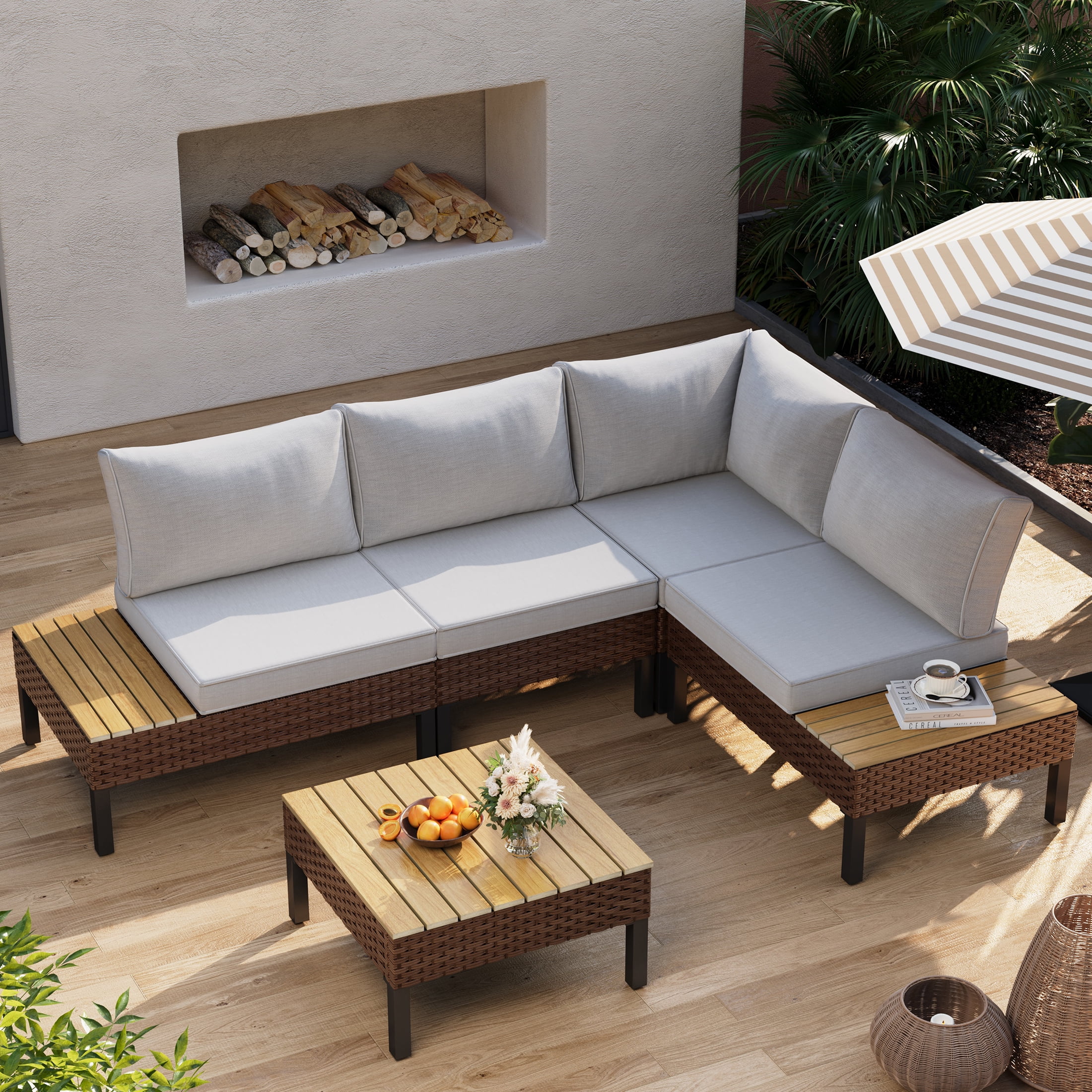 Poteban 5-piece Rattan Outdoor Patio Sofa Set,L-Shaped Sectional Sofa Couch with Coffee Table for Backyard,Lawn,Garden,Navy Blue