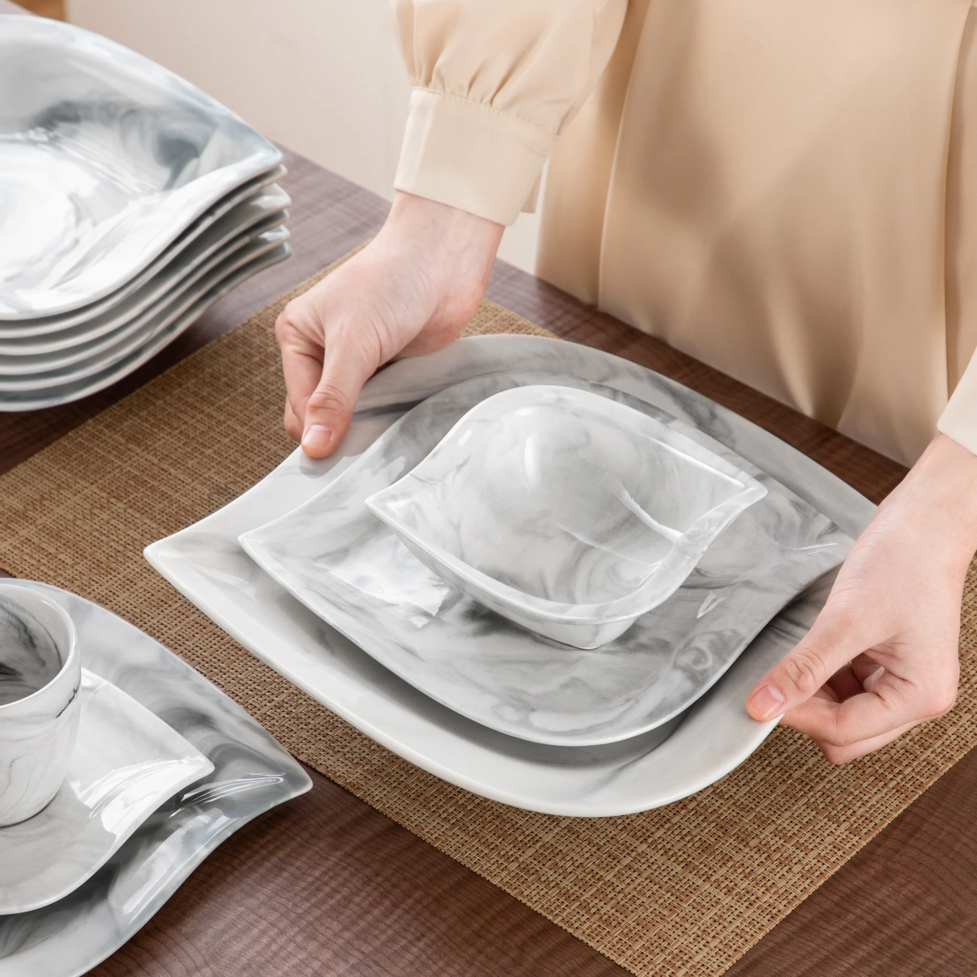 vancasso 36 pcs Dinnerware Sets, Plates and Bowls Set for 6, Porcelain Dinner Set, Marble Gray
