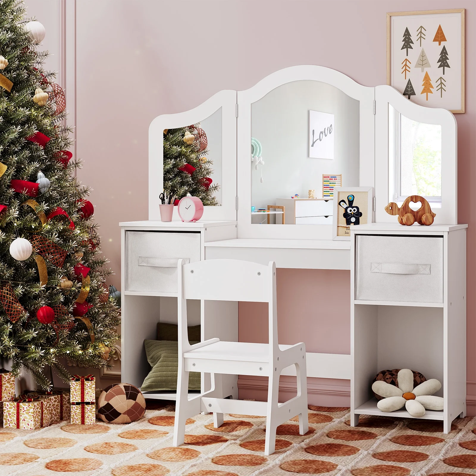 Arlopu Kids Vanity Set with Stool, Wooden Makeup Vanity Desk Children Dressing Table with Chair, Tri-Folding Mirror, Storage Cabinet & Drawers