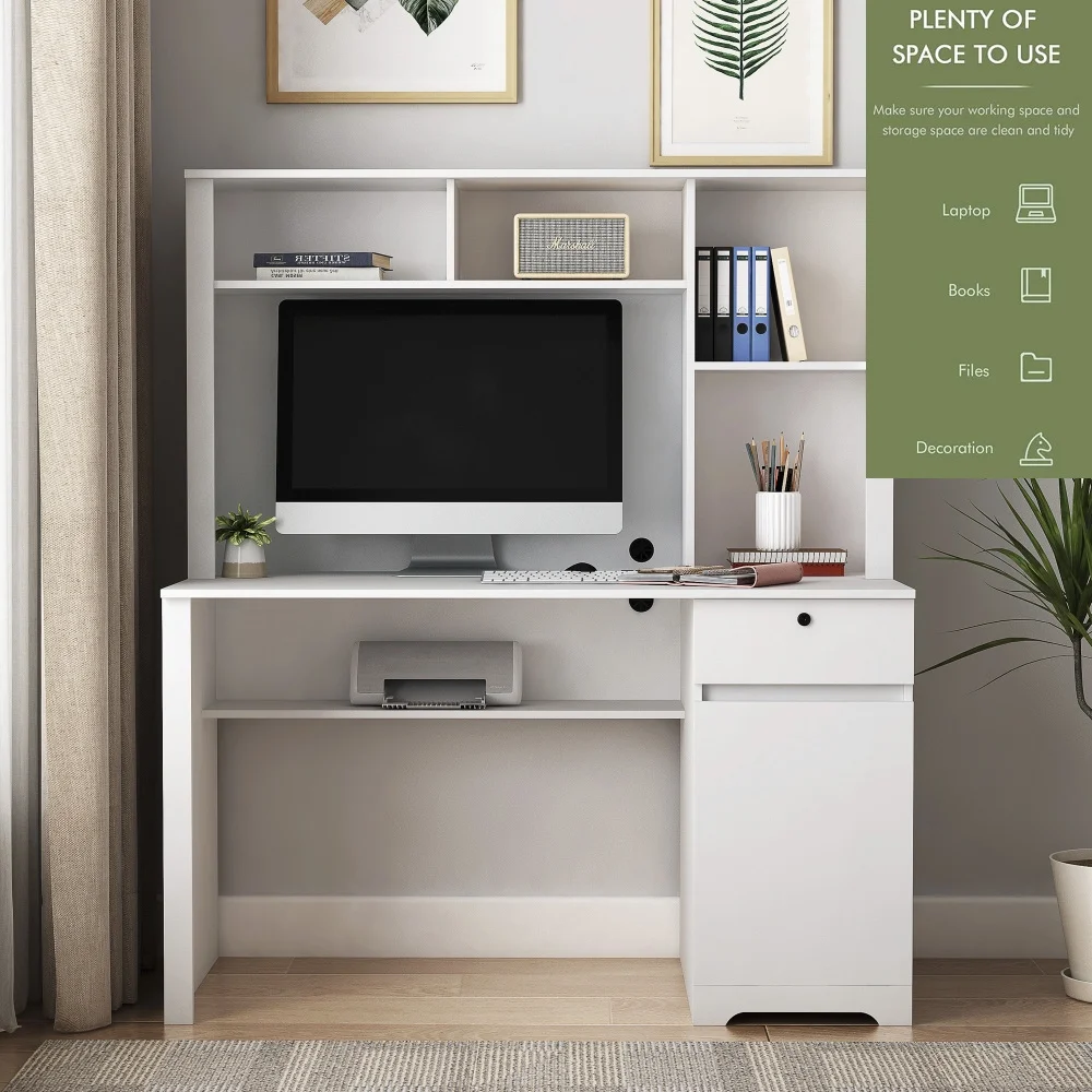 Tcbosik Modern Computer Desk with Charging Station and USB Night Light, Home Office Table with Hutch and Open Shelf, Gaming Workstation with Drawer and Cabinet for Living Room, Study Room, Black