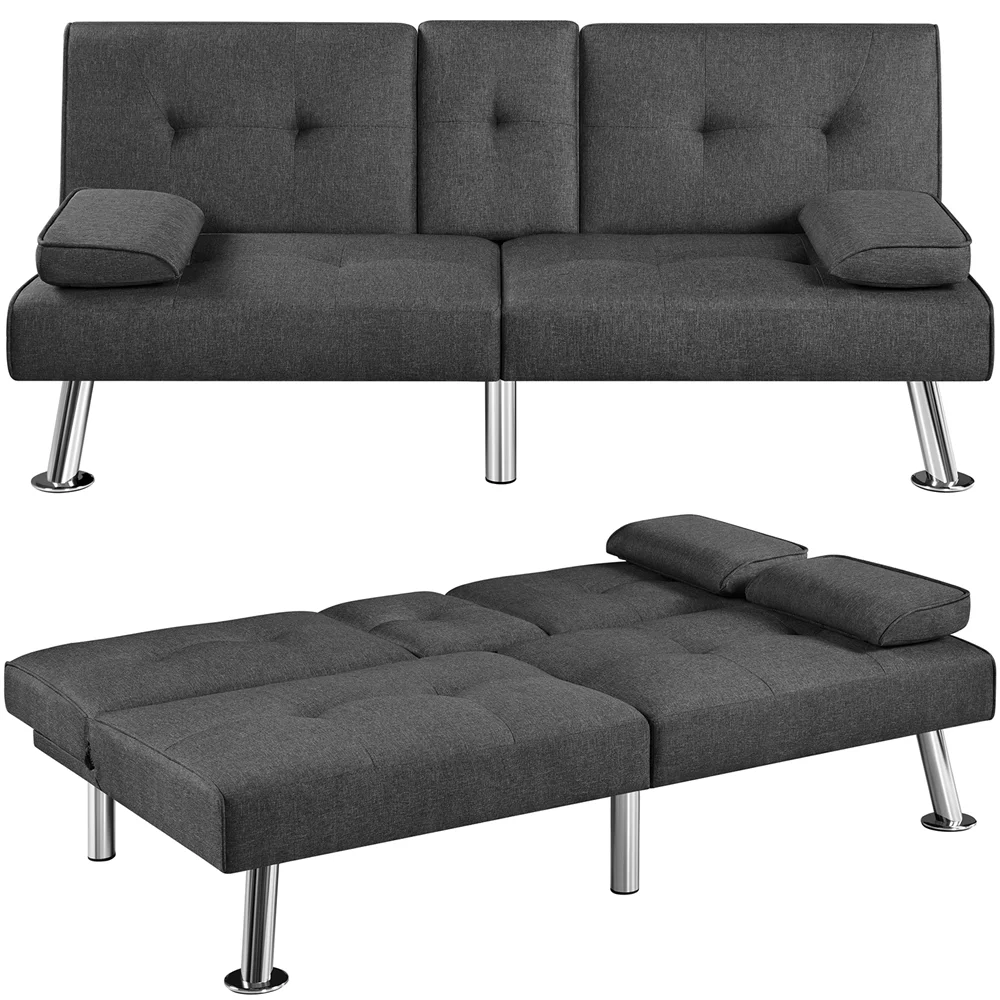 Renwick Fabric Upholstered Convertible Futon Sofa Bed with Cup Holders and Pillows, Dark Gray
