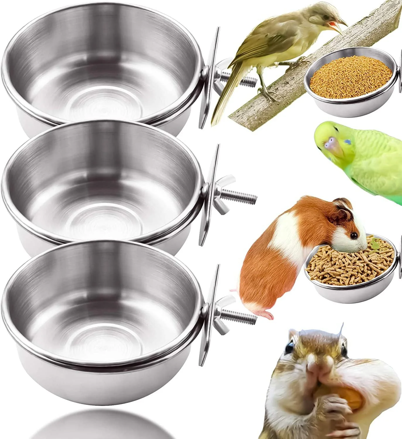 Trianu 2 Pack Bird Feeding Dish Cups Parrot Stainless Steel Food Water Dish Platform Feeder Cage Bowl with Clamp Holder for Cockatiel Budgies Parakeet Macaw