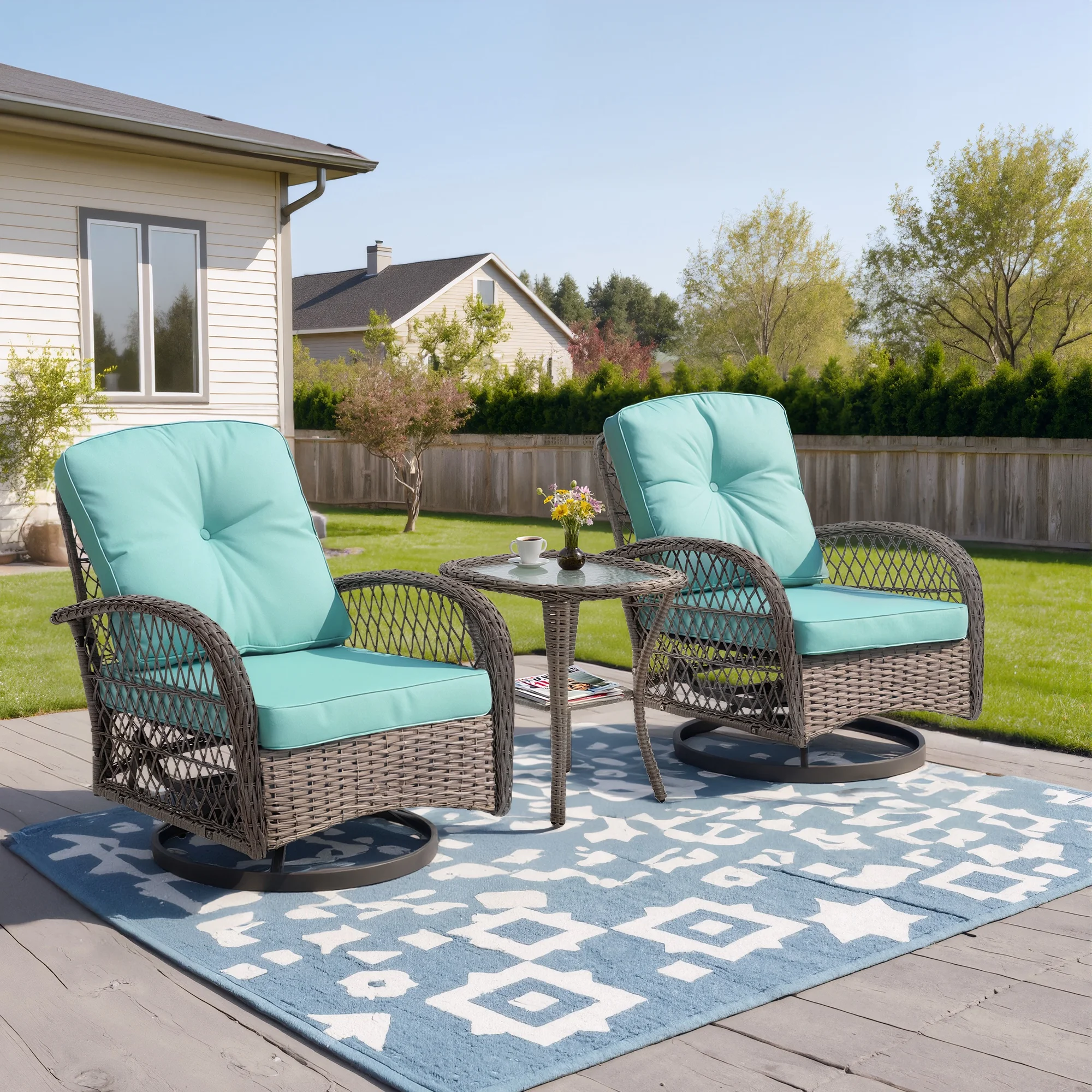 3 Piece Patio Swivel Rocker Chairs Set, 2 360-Degree Swivel Rocking Chairs with 1 Glass Top Table, PE Rattan Outdoor Bistro Set with Cushions for Balcony Deck Poolside Backyard Porch