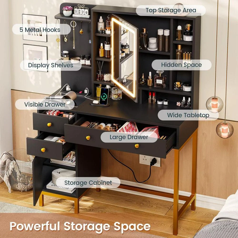 AOGLLATI Makeup Vanity with Lights in 3 Colors, White Vanity Desk with Mirror and Lights, Vanity Table with Charging Station, Makeup Desk with Visible Drawers, Hidden and Open Storage Shelves