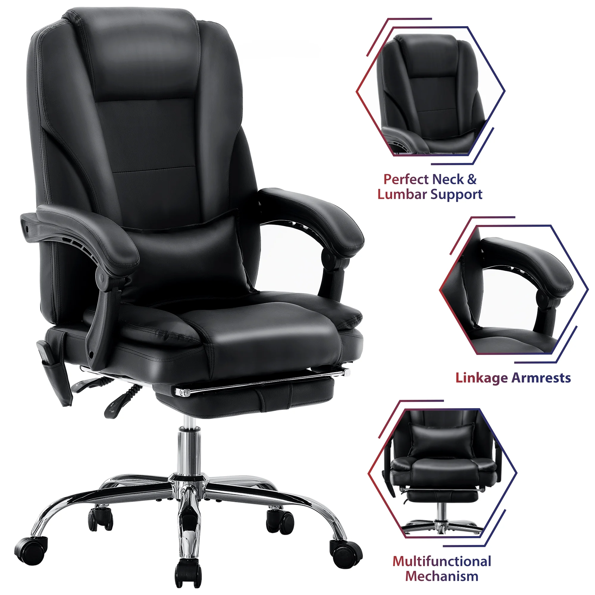 JONPONY Big and Tall Office Chair 500LBS Executive Office Chair Massage and Footrest Ergonomic Computer Desk Chair Reclining High Back Leather Office Chair Lumbar Back Support Swivel Rolling,Black