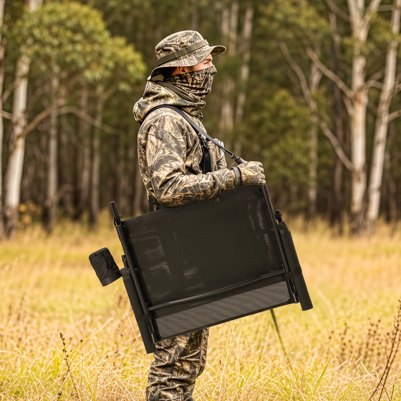 Danrelax 360° Silent Camo Hunting Blind Chair, Armrests, Side Pouch, Telescopic Legs