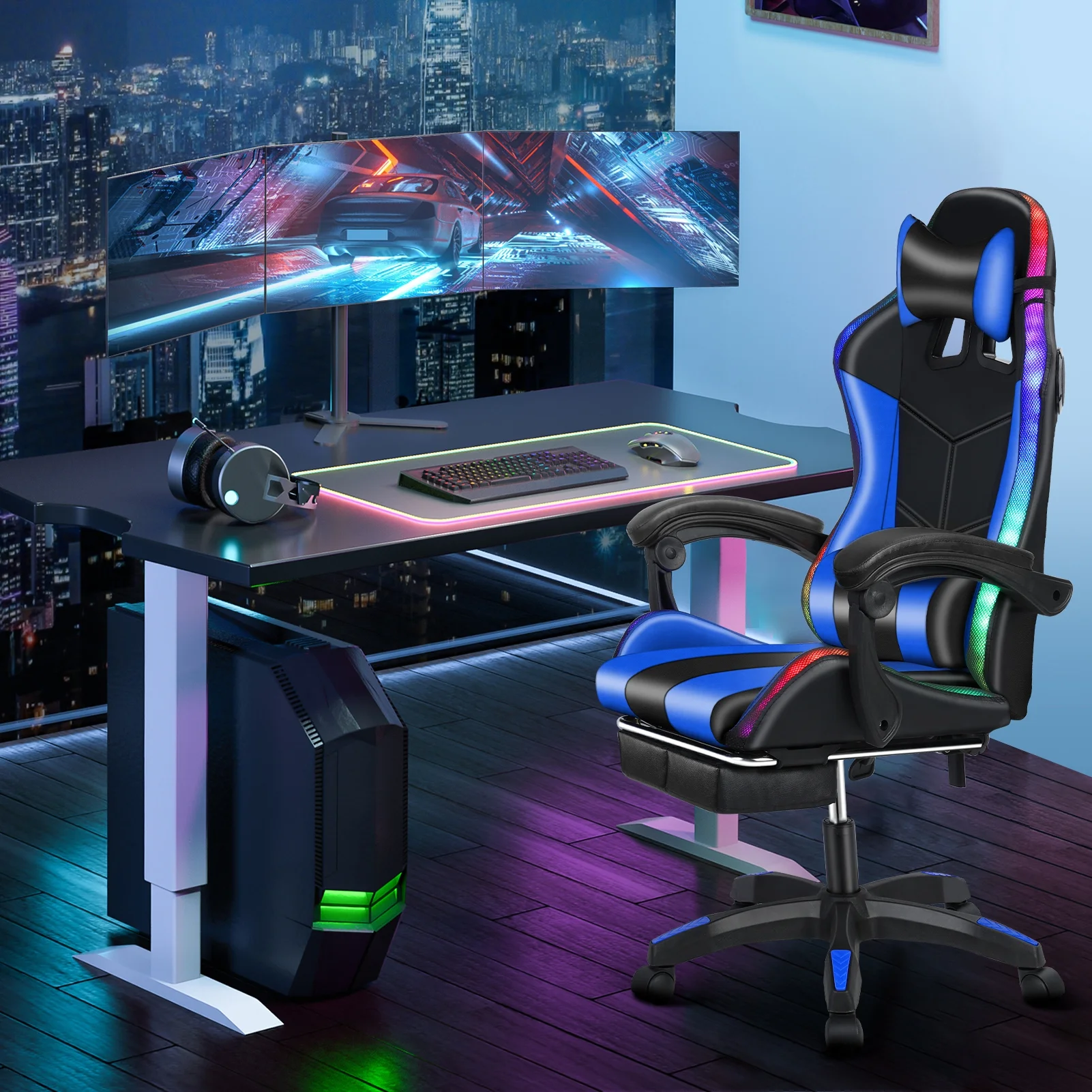 Thehsnt Racing Style Gaming Chair - Reclining Backrest with Built-in Sound System & Vibrant Light Strips, 350lbs Capacity Ergonomic Computer Chair with Lumbar Support
