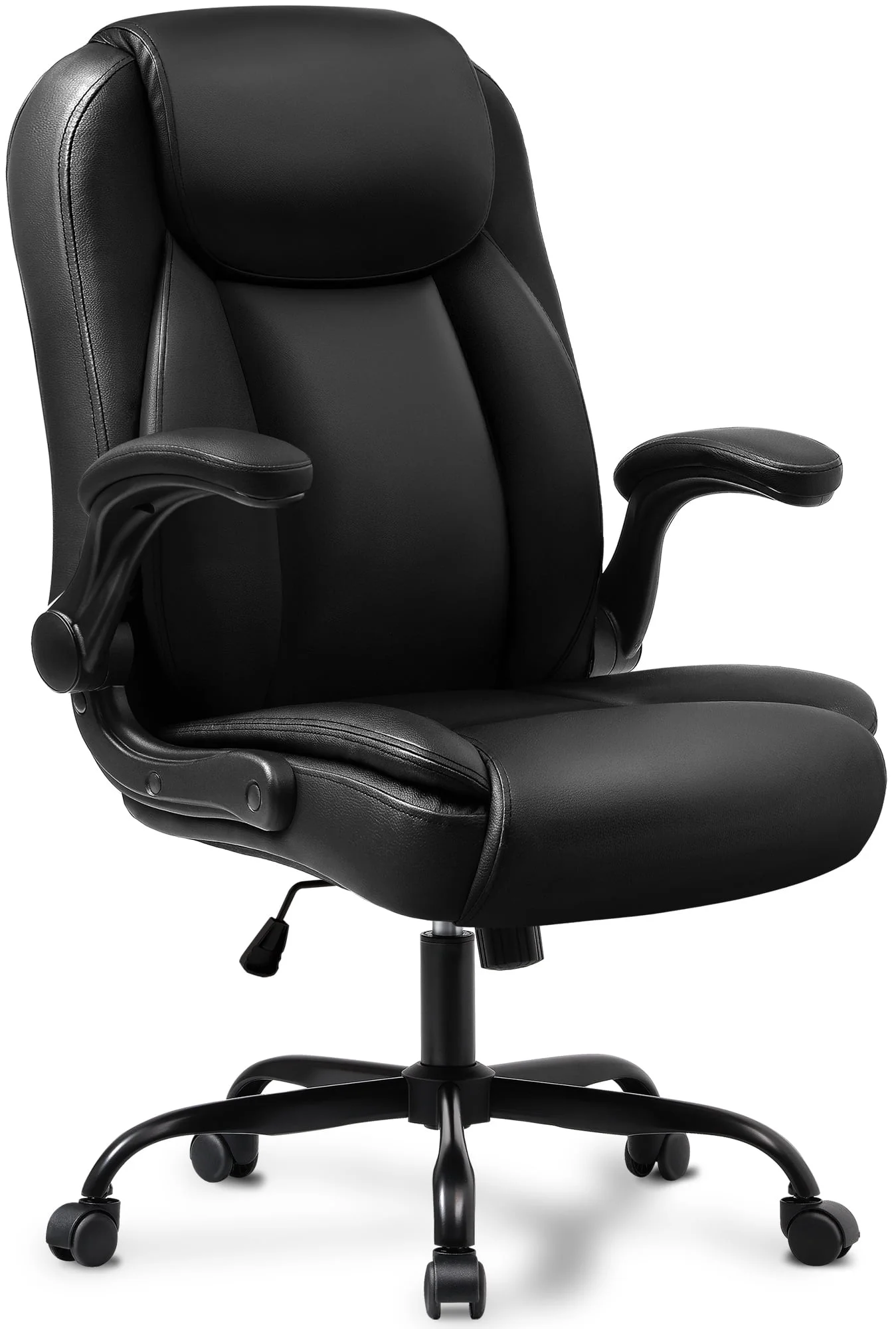 NEO CHAIR Executive Office Chair, Ergonomic High back Cushioned, Wide Leather Seat 8 Hours Heavy Duty Design, Flip Up Armrest Computer Desk Chair, Black