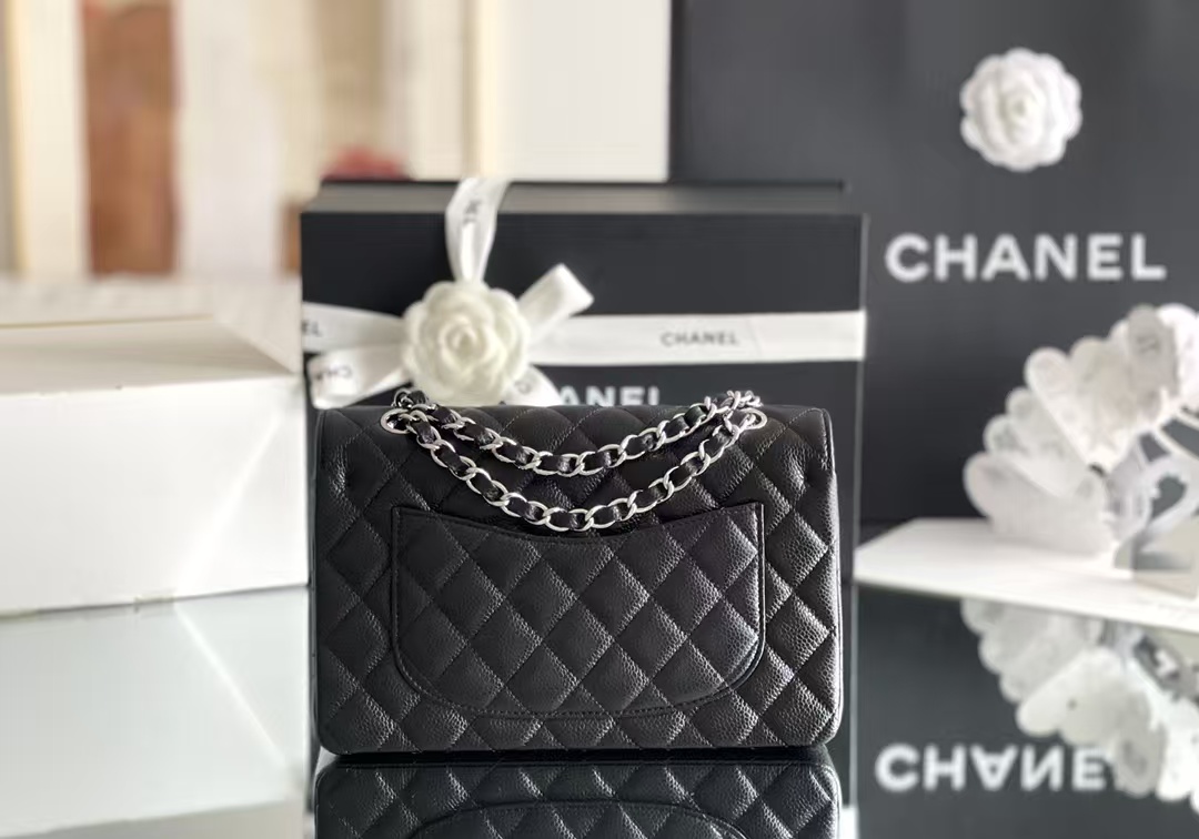 CHANEL Classic Double Flap Quilted Caviar Silver Top Quality