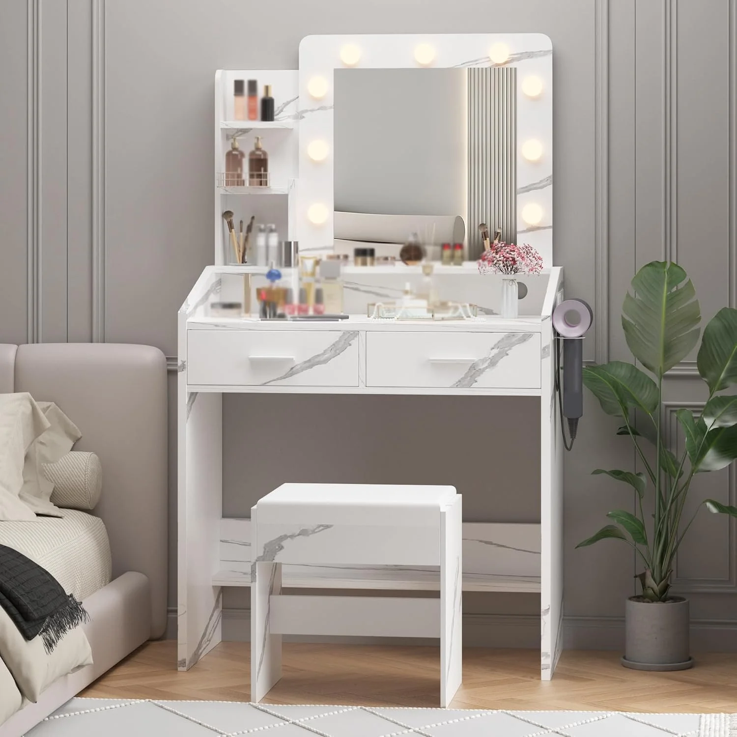 OYang Makeup Vanity with Lights, Vanity Desk with Mirror and Lights Set, Large Drawer and Two-Tier Lots Storage Cabinet, 3 Lighting Modes Adjustable Brightness