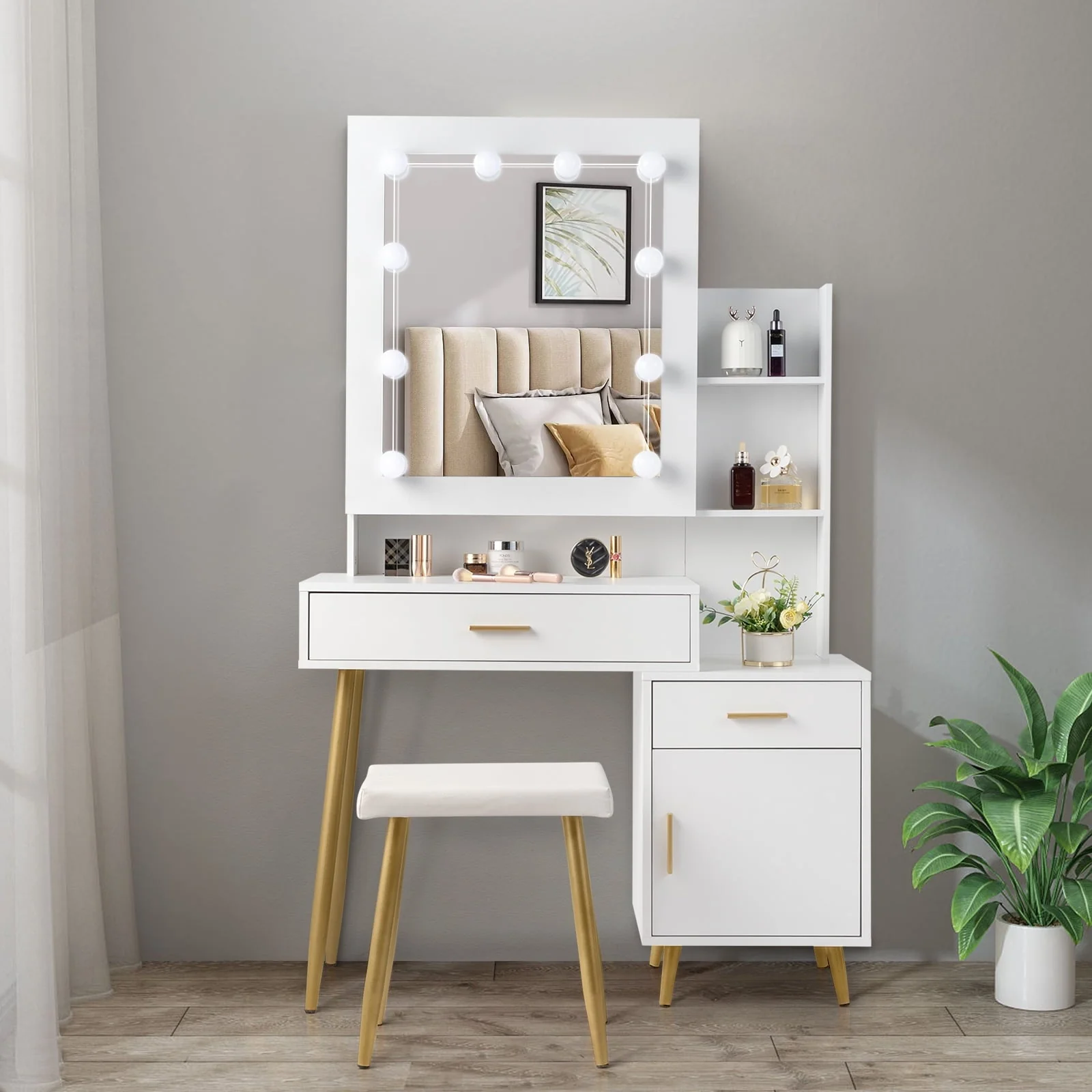 Ktaxon Vanity Table Set with Sliding Mirror, Makeup Table with Storage Cabinet, Dressing Vanity Tables, Dresser Desk for Girls, Women, White