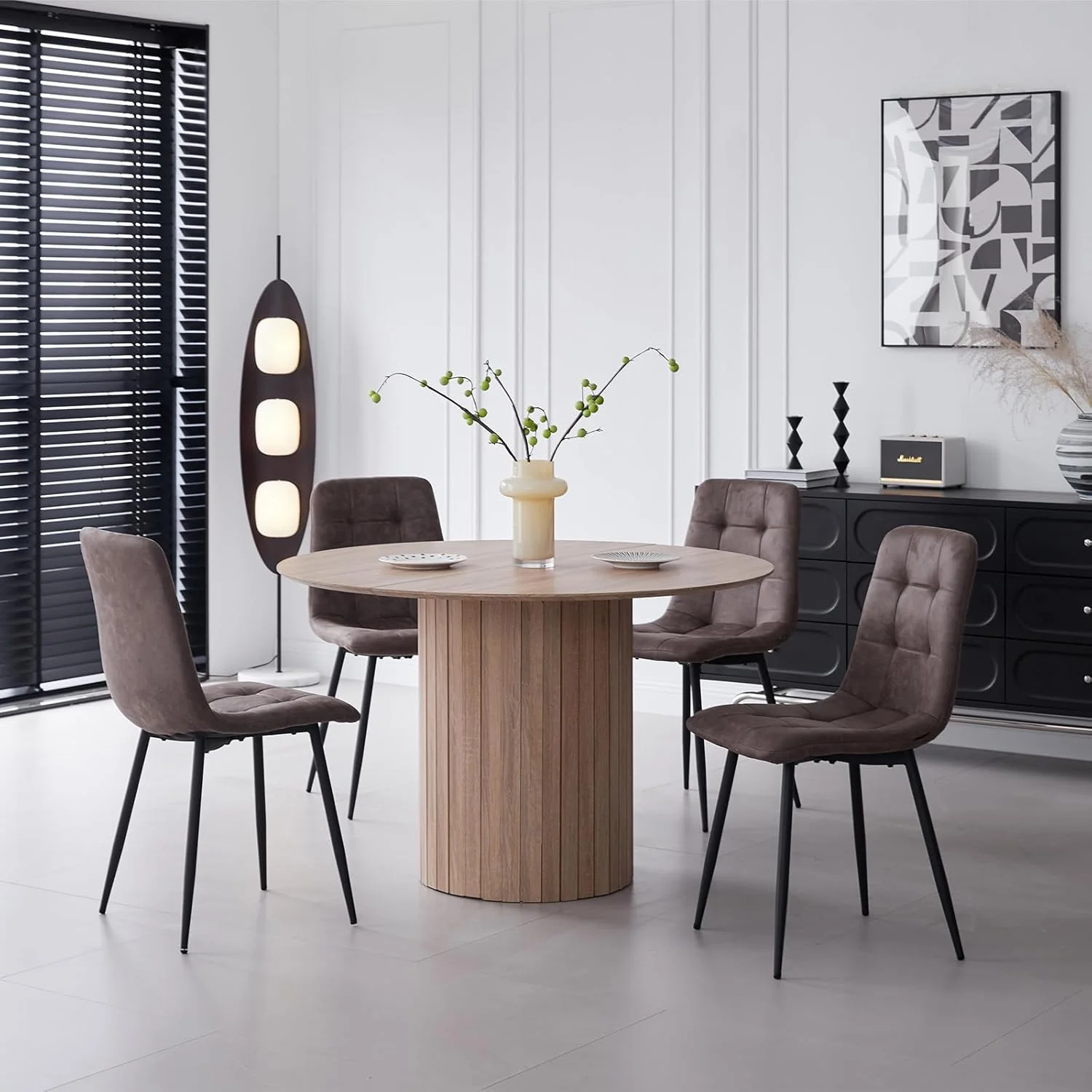 5 Piece Round Dining Table Set - Mid-Century 47 inch Oak Dining Table with 4 Brown Faux Leather Chairs Set, Dinner Table & Chair with Metal Legs for Kitchen Dining Room, Apartment, Bedroom