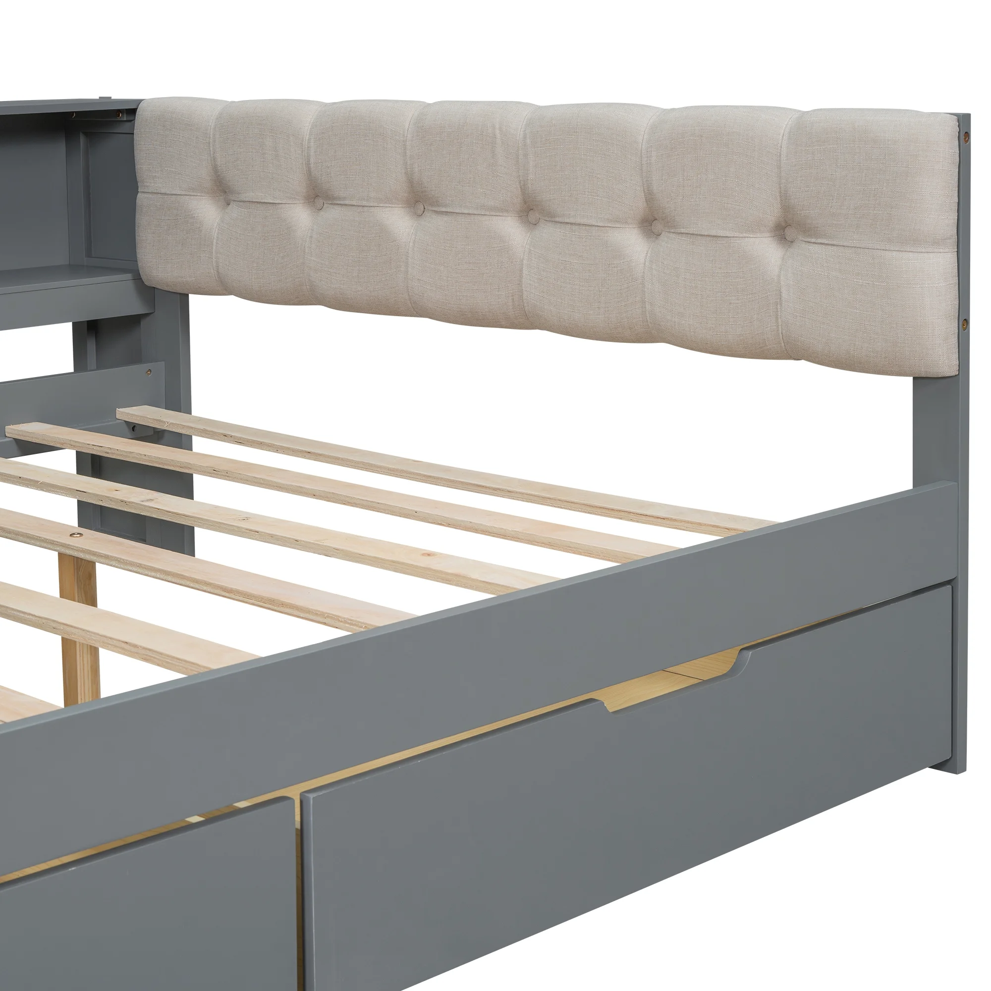 Euroco Wood Twin Size Platform Bed with Desk and Shelves, Drawers and USB Charging for Kids, Cream