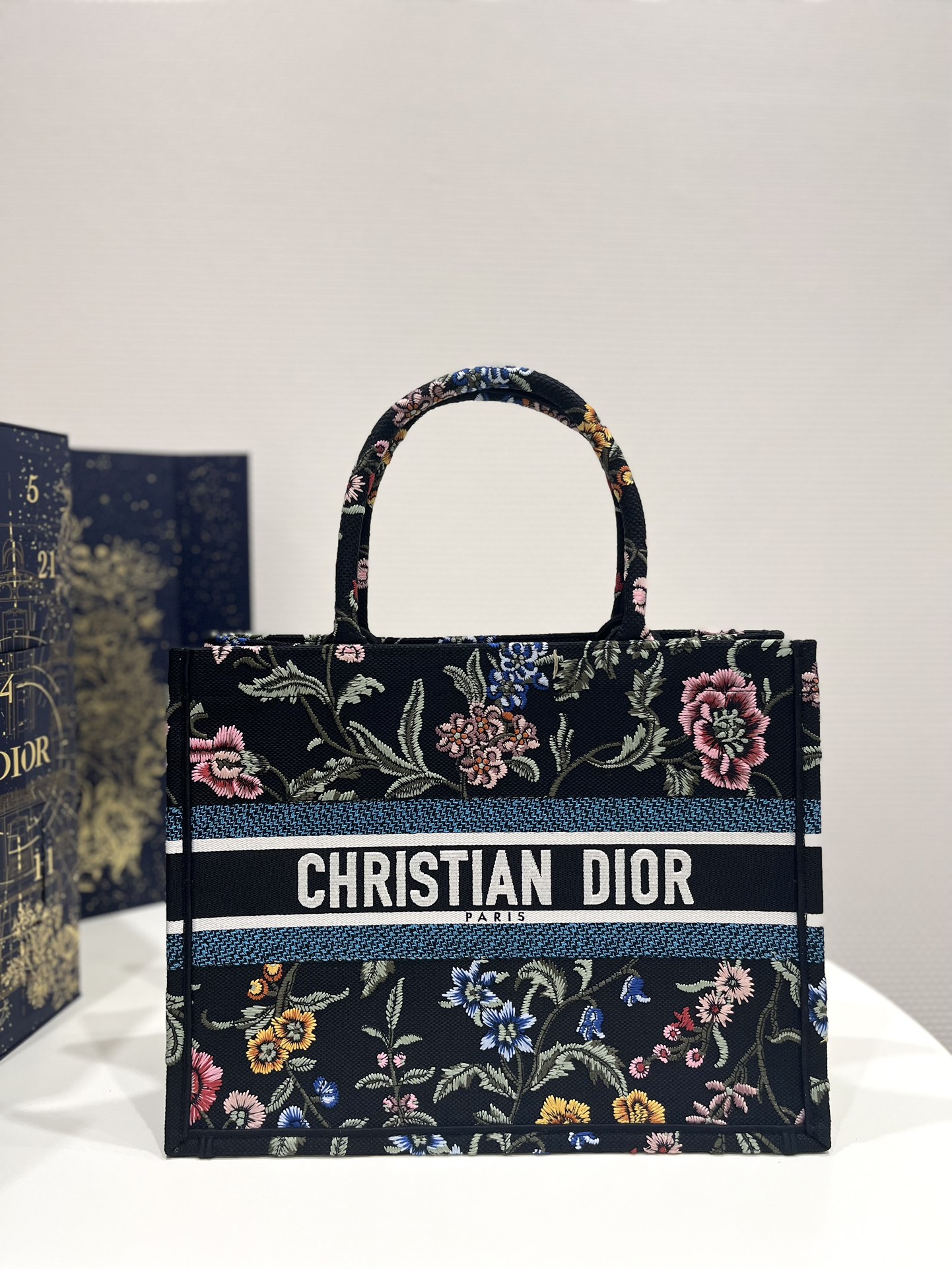 Dior Book Tote Medium Black Multicolor Dior Petites Fleurs Embroidery
