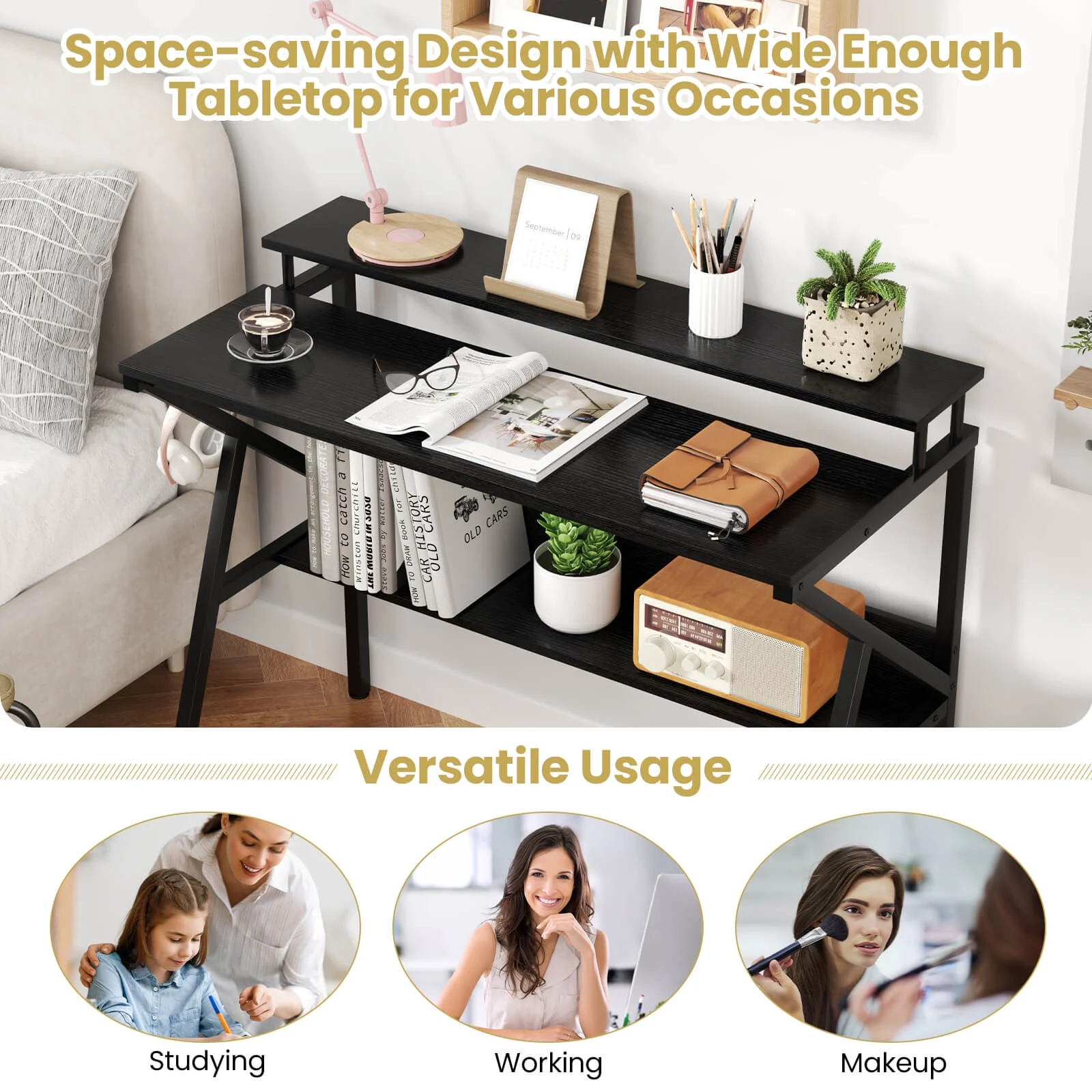 Costway Home Office Desk with Monitor Stand, Open Shelf & Metal Frame, Earphone Hook White