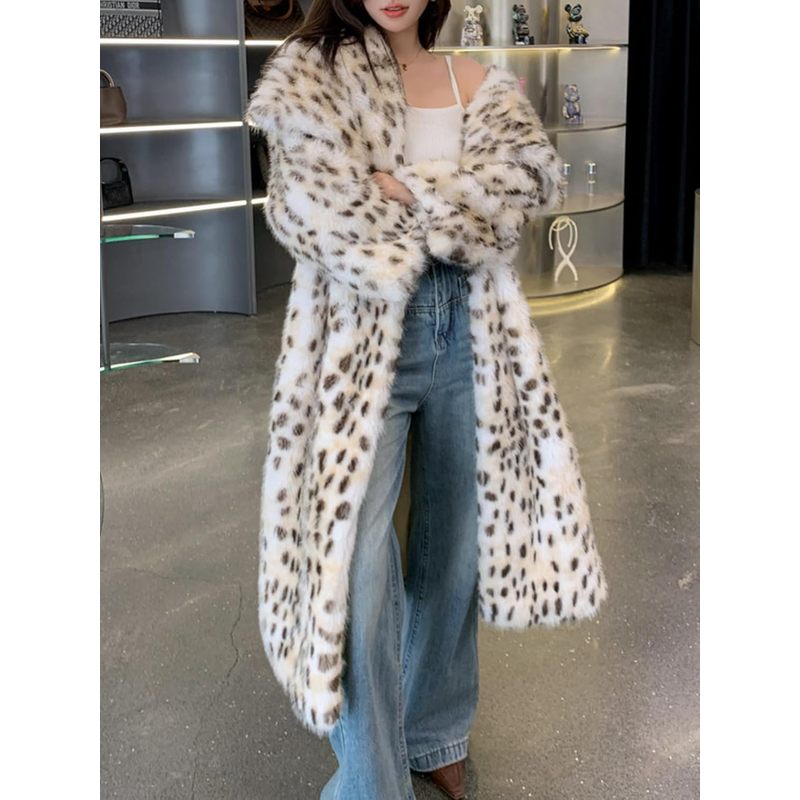 Women's Faux Fur Leopard Long Coat with Lapel