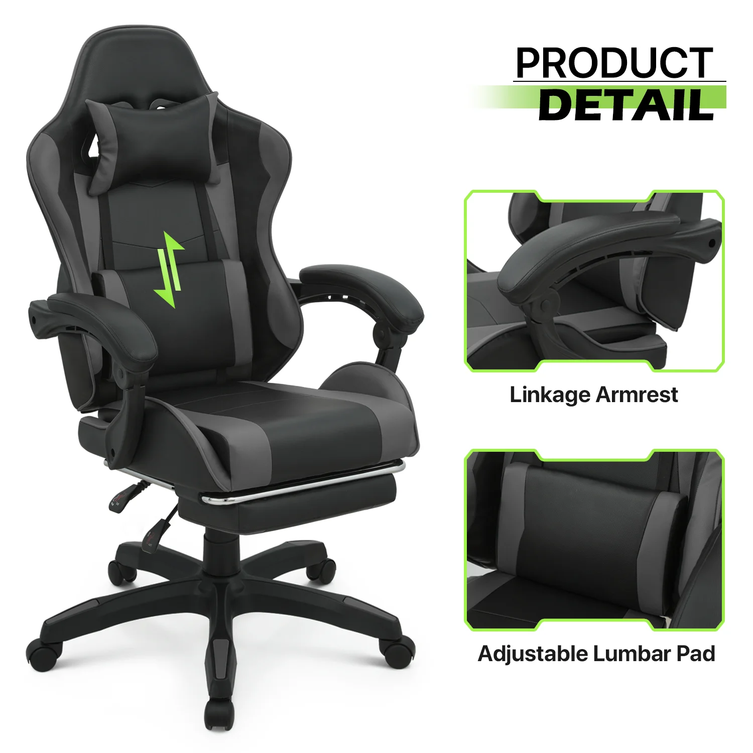 Magshion Adjustable Gaming Chair, Ergonomic PC Computer Seat with Headrest and Lumbar Support for Adults Teens Desk Chair, Black