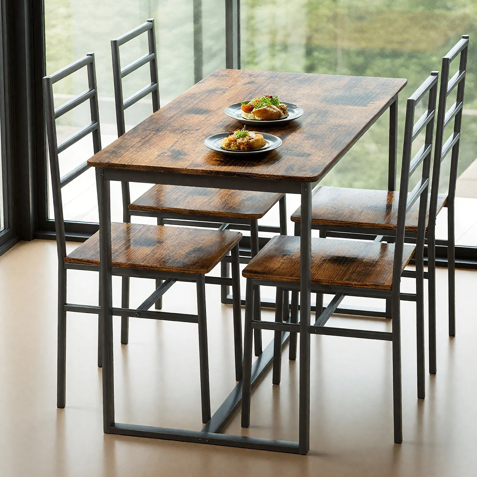 UHOMEPRO Dining Table and Chair Set for 4, Farmhouse Wooden Kitchen Table Set for Breakfast Nook, Small Places, Restaurant, Rectangle Dining Set with Sturdy Metal Frame, Brown