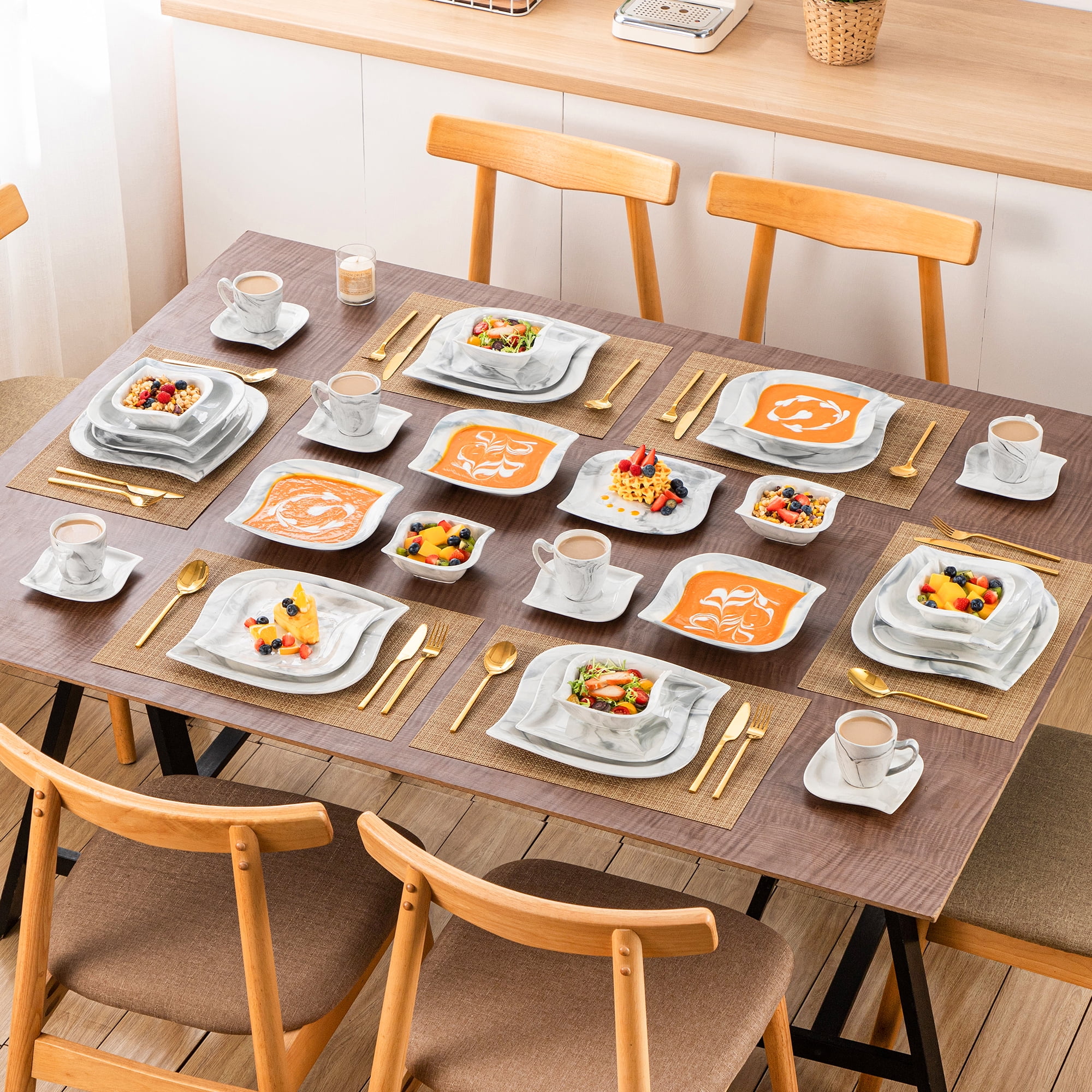 vancasso 36 pcs Dinnerware Sets, Plates and Bowls Set for 6, Porcelain Dinner Set, Marble Gray