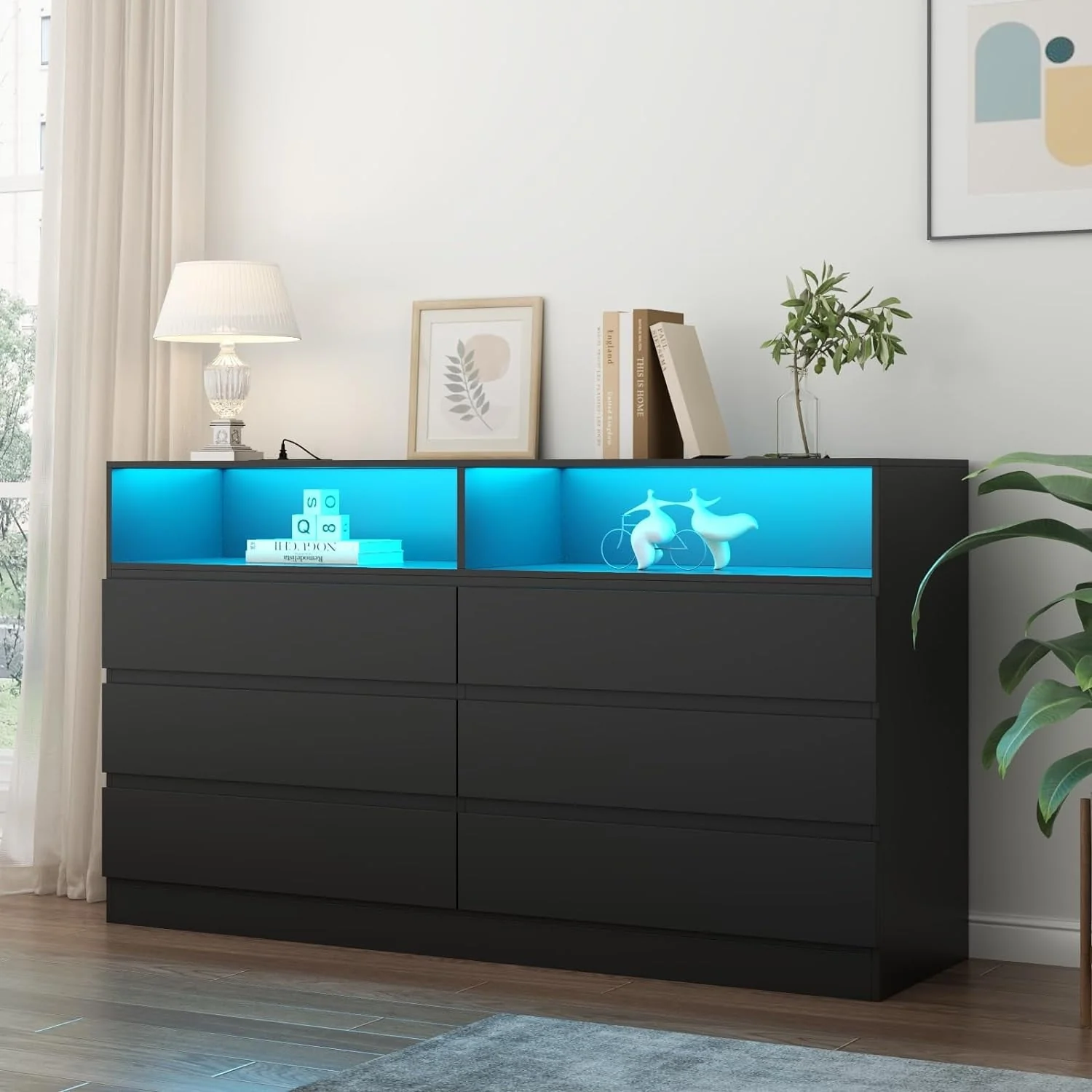 Gyfimoie 6 Drawer Double Dresser with Power Outlet, Accent Chests of Drawers with LED Light