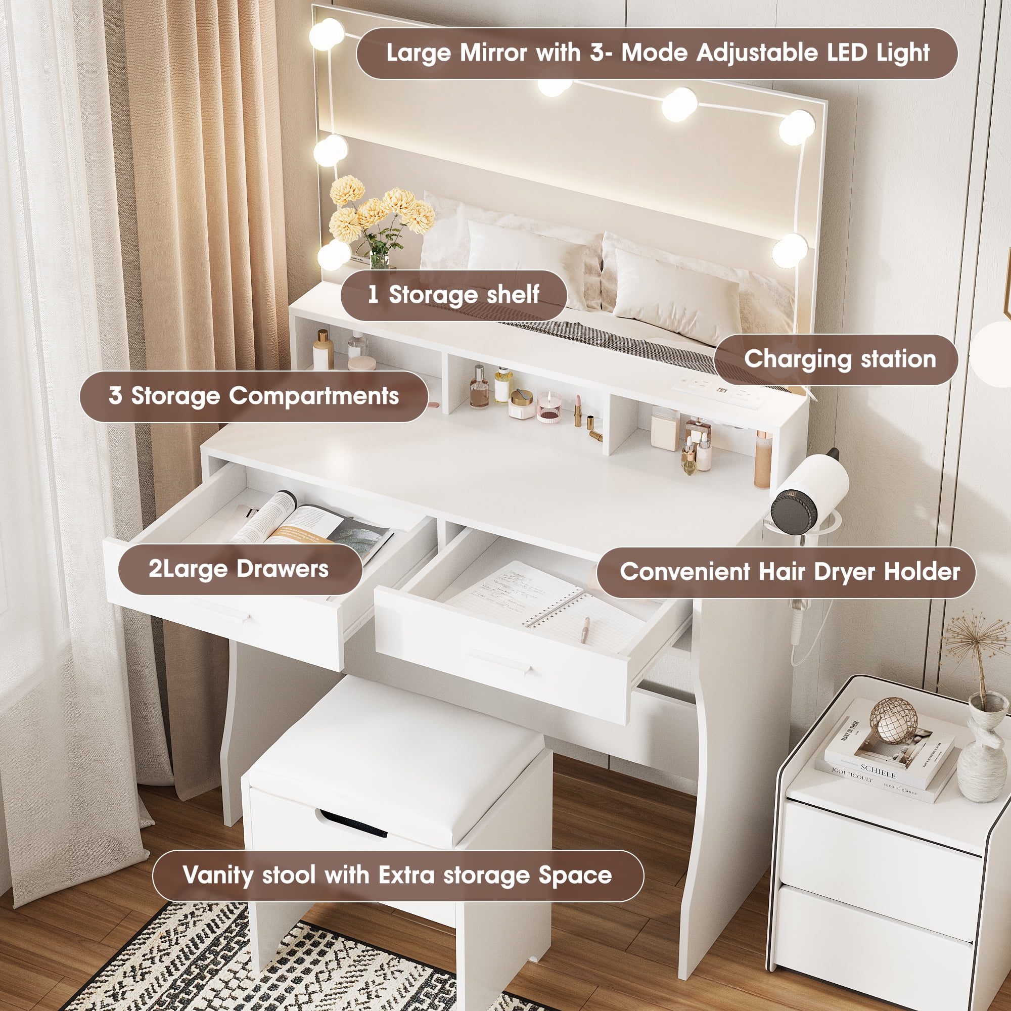 Modern Vanity Table Set with Lighted Mirror,Makeup Table with 2 Drawers & Power Strip,Dresser Desk for Girls, Women, White