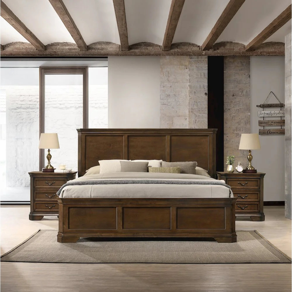 Maderne 3-Piece Bedroom Set with King Size Panel Bed and Two Nightstands, Antique Walnut Finish