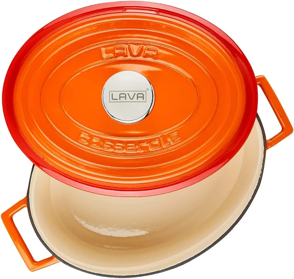LAVA 6.75 Quarts Cast Iron Dutch Oven: Multipurpose Stylish Oval Shape Dutch Oven Pot with Three Layers of Enamel Coated with Trendy Lid (Blue)