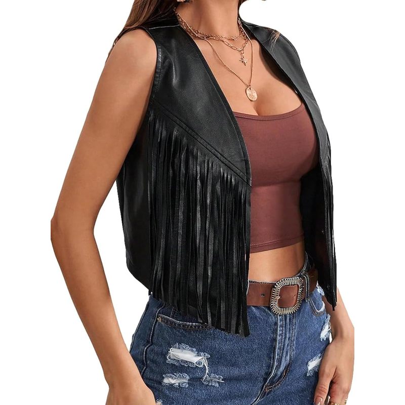 Women's Tassel Vest 70s Hippie Vest Sleeveless PU Fringe