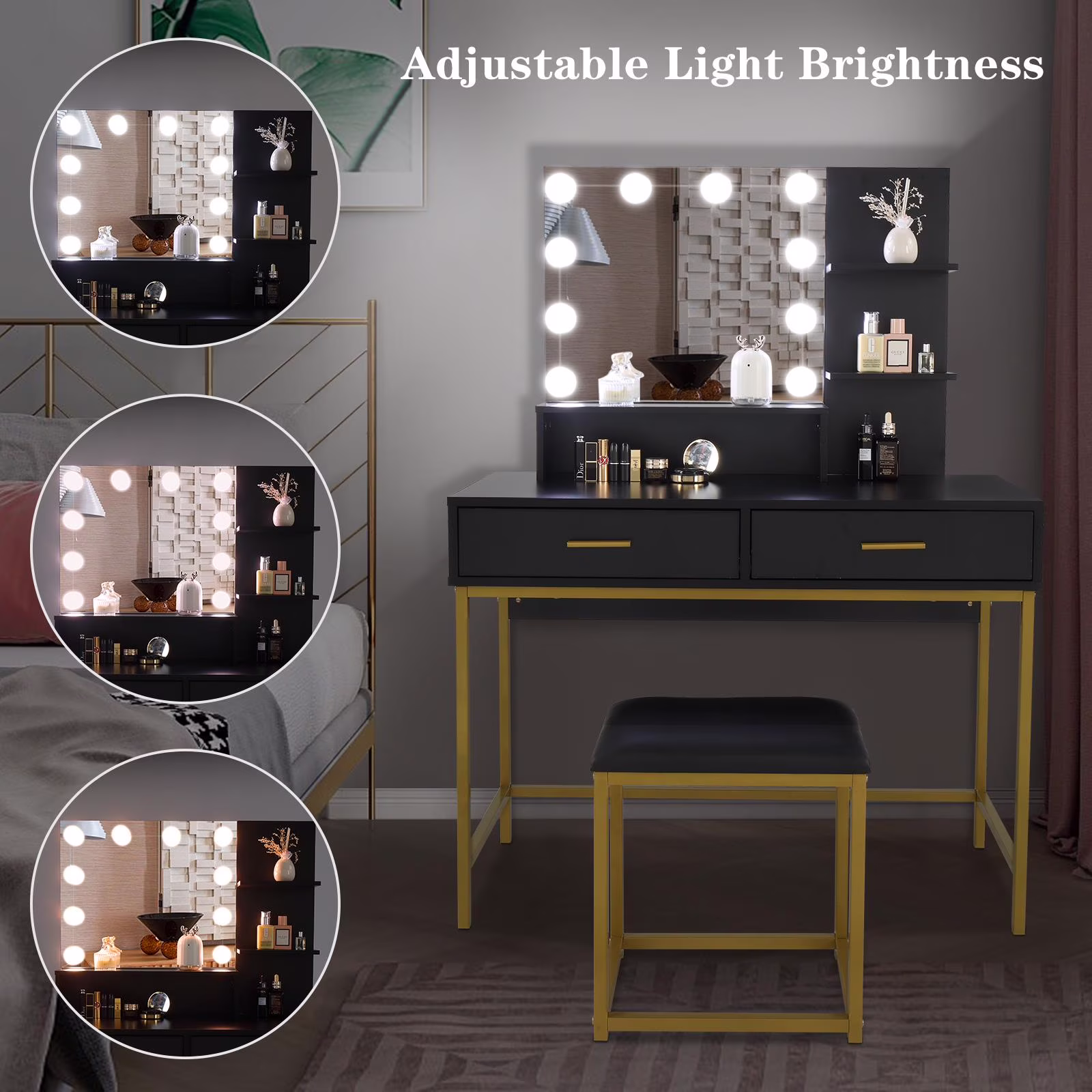 Ktaxon Vanity Table Set with 3 Color Lighted Mirror & Stool, Makeup Vanity Dressing Table, 2 Drawers and Storage Shelves for Bedroom, Gold Vanity Desk for Women (White)