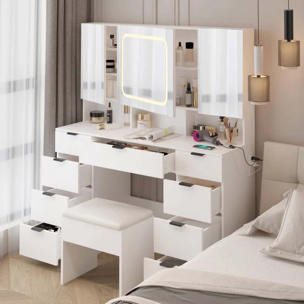 IVV Vanity Desk Set with Large LED Lighted Mirror & Power Outlet, Makeup Dressing Table with 9 Drawers and 3 Cabinets in Mirrored Doors, 47