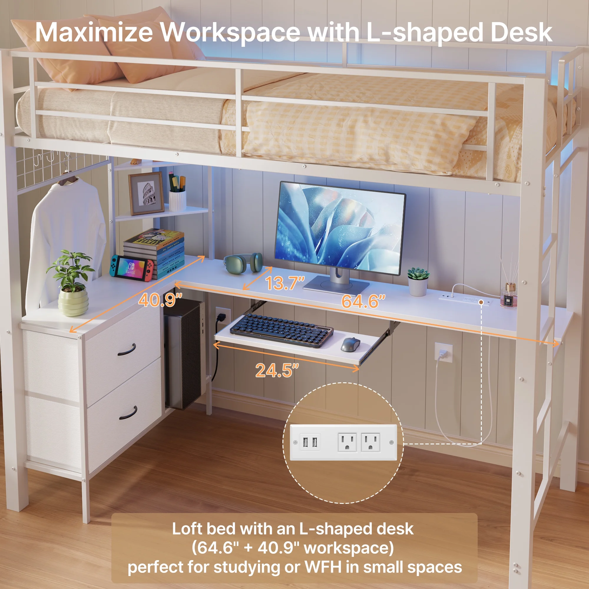 Loft Bed Frame with L-Shaped Writing Desk with Storage Drawers and Shelves, Lofka Twin Metal Bed with LED Lights and Charging Station, Retro Brown Board