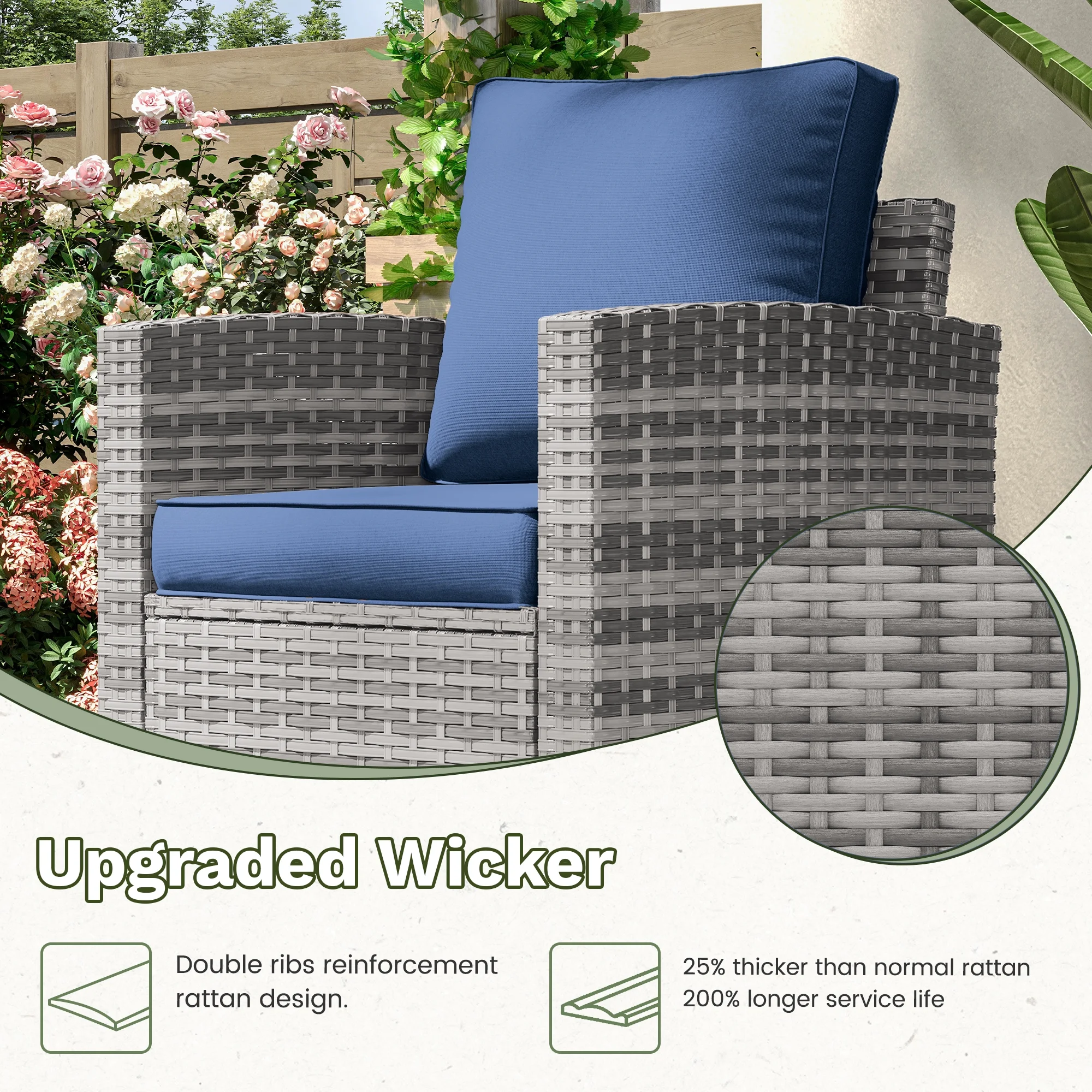 POTEBAN Patio Furniture Set, 7 Pieces Outdoor Sectional Sofa Couch with Chairs, Ottomans and Comfy Cushions, All Weather Wicker Rattan Patio Conversation Set for Garden Backyard Dark Grey