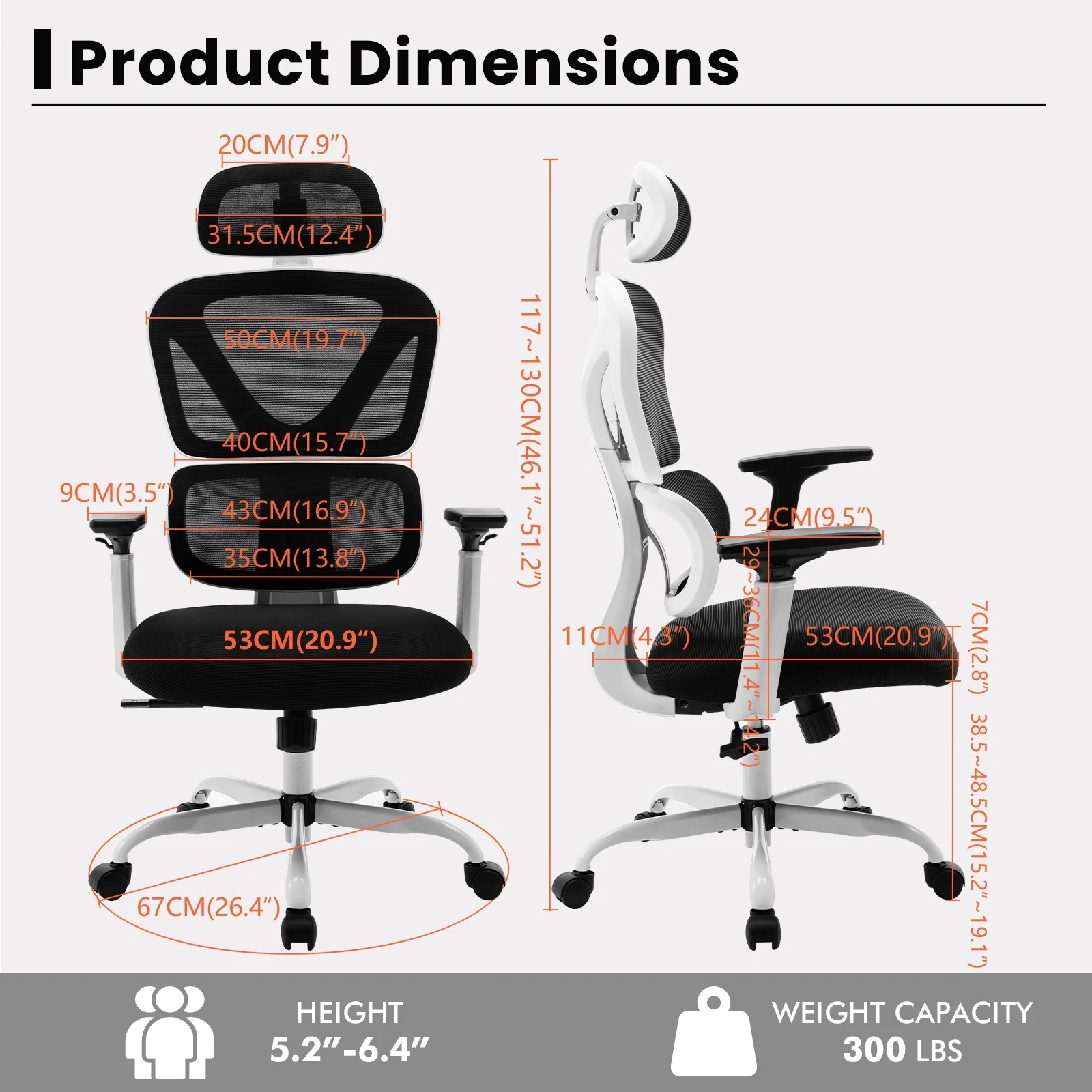 COOLHUT Ergonomic Office Chair, High Back Adjustable Computer Desk Chair with Lumbar Support, 500lb, Black
