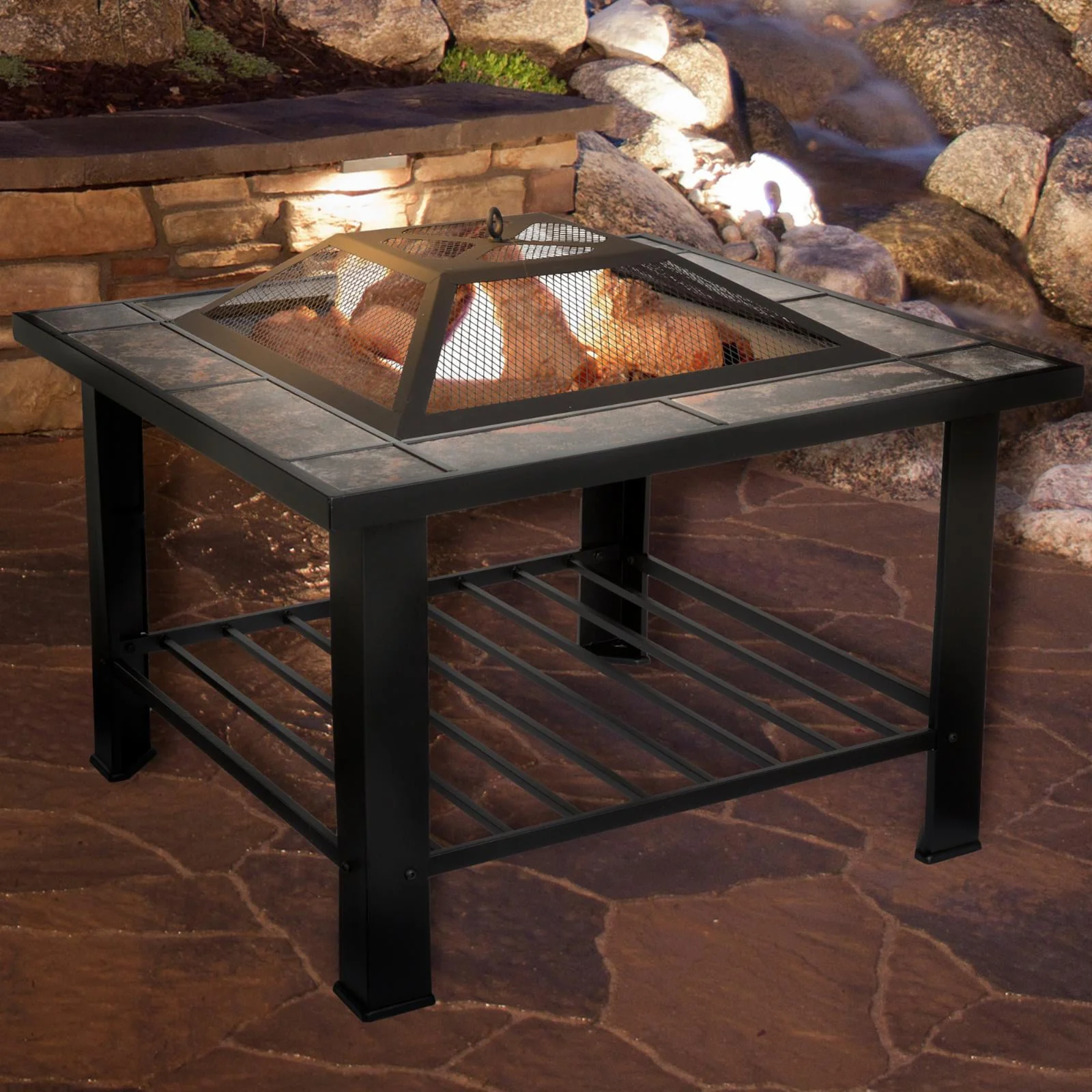 Fire Pit Table – 30-Inch Square Wood Burning Bonfire Pit with Marble Tile Edge, Spark Screen, Tile Fire Bowl Cover, Log Poker by Pure Garden (Black)