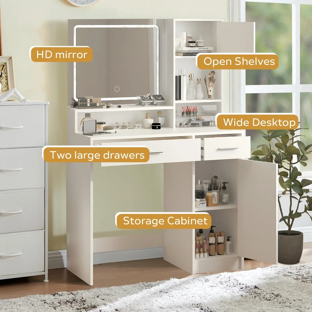 Kadyn Vanity Desk with Lighted Mirror, Vanity Table and Chair Set with 2 Drawers, Dressing Table Makeup Desk with 1 Door, Retro Gray
