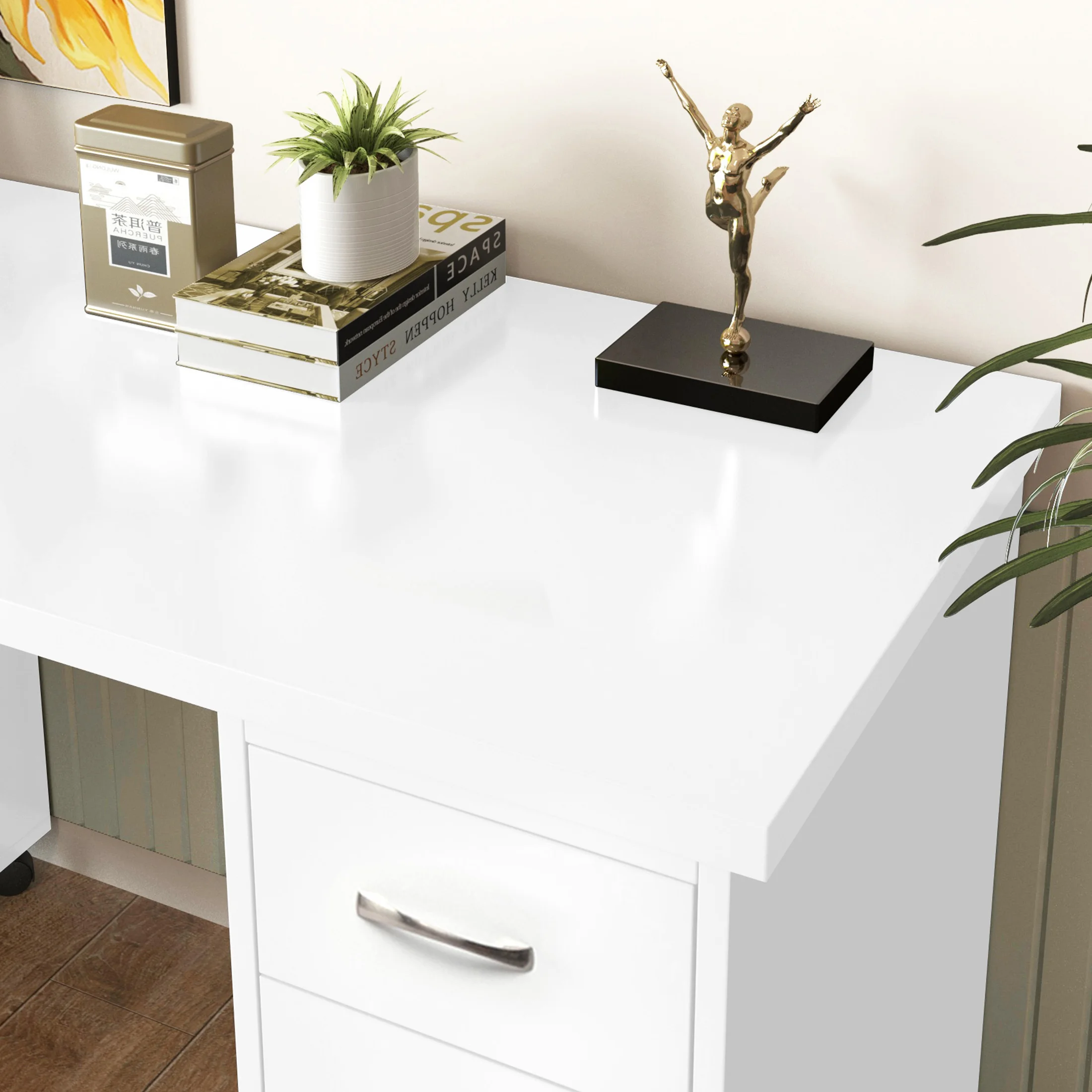 Sesslife White Computer Desk, Writing Desk with Lockable Wheels???Modern Wood Study Desk with 4 Drawers for Home Office Workstation