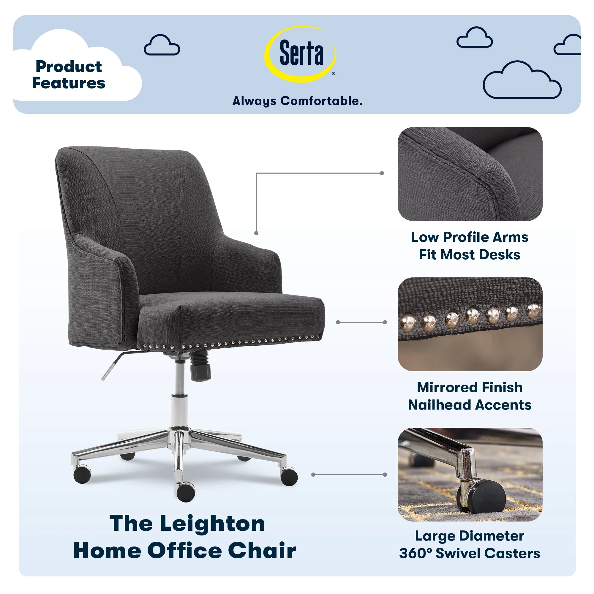 Serta Leighton Home Office Desk Chair Chrome Nailheads Twill Fabric Lilac Purple